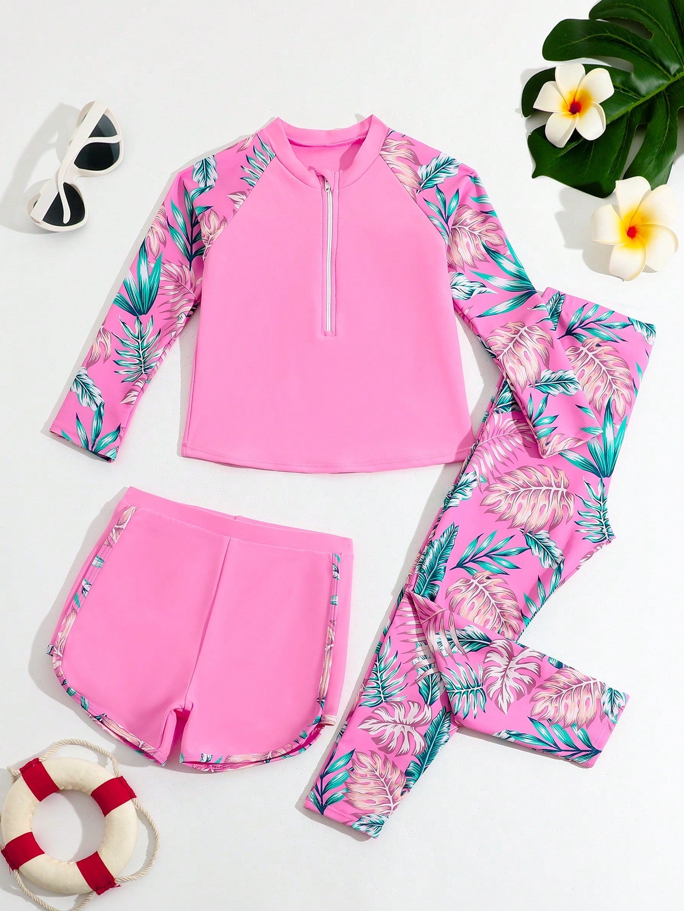 Young Girl Tropical Printed Spliced Swimsuit Three-Piece Set