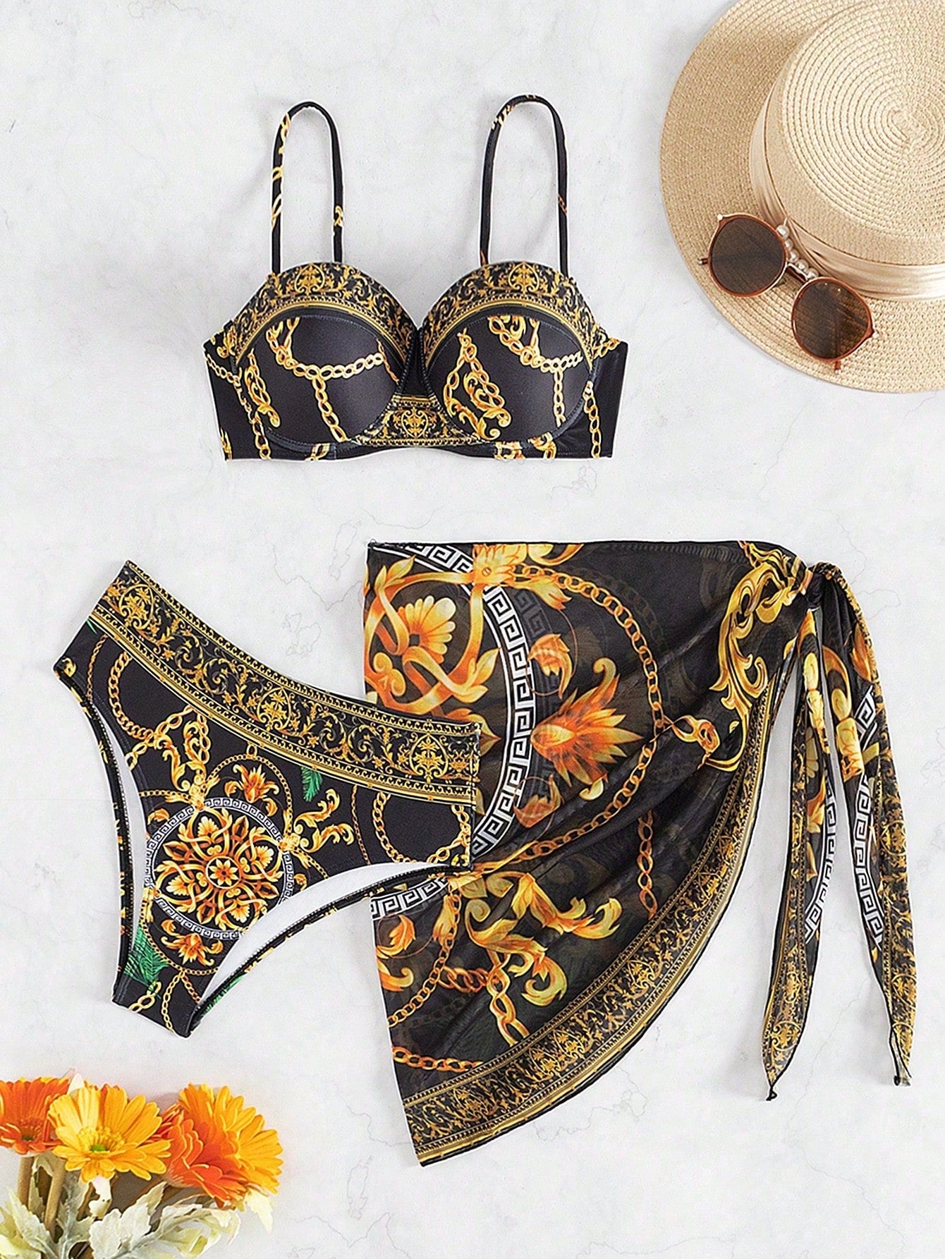 Swim Women Summer Beach Chain Print Bikini Set And Wrap Cover Up Skirt For Holiday