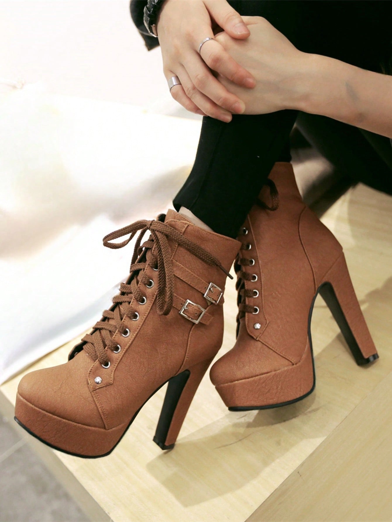 Women's Chunky Heel Short Boots, Waterproof Platform, High Heel, Lace-up Motorcycle Boots