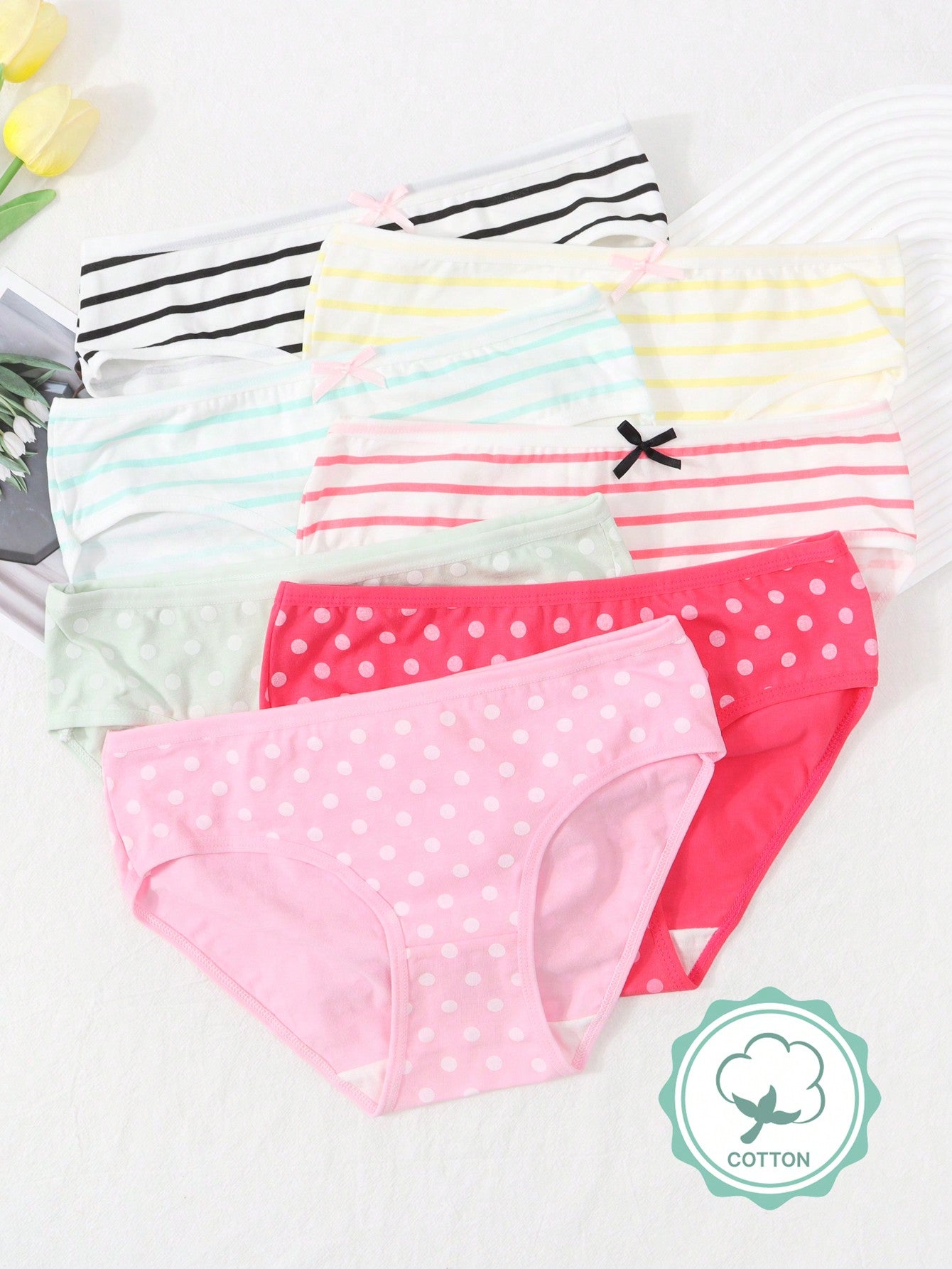 7pcs/Set Tween Girls' Polka Dot And Stripe Printed Triangle Panties