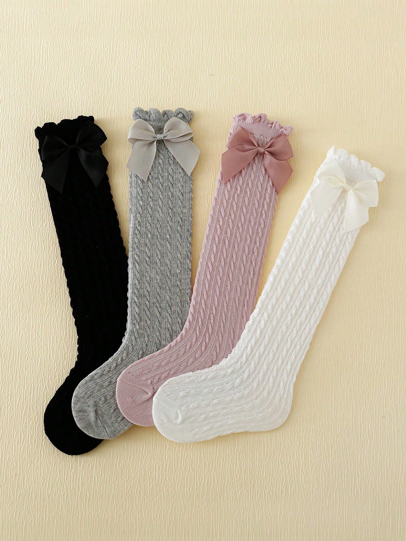 4pairs Children's Solid Color Bowknot Bubble Tube Socks Suitable For Daily Wear