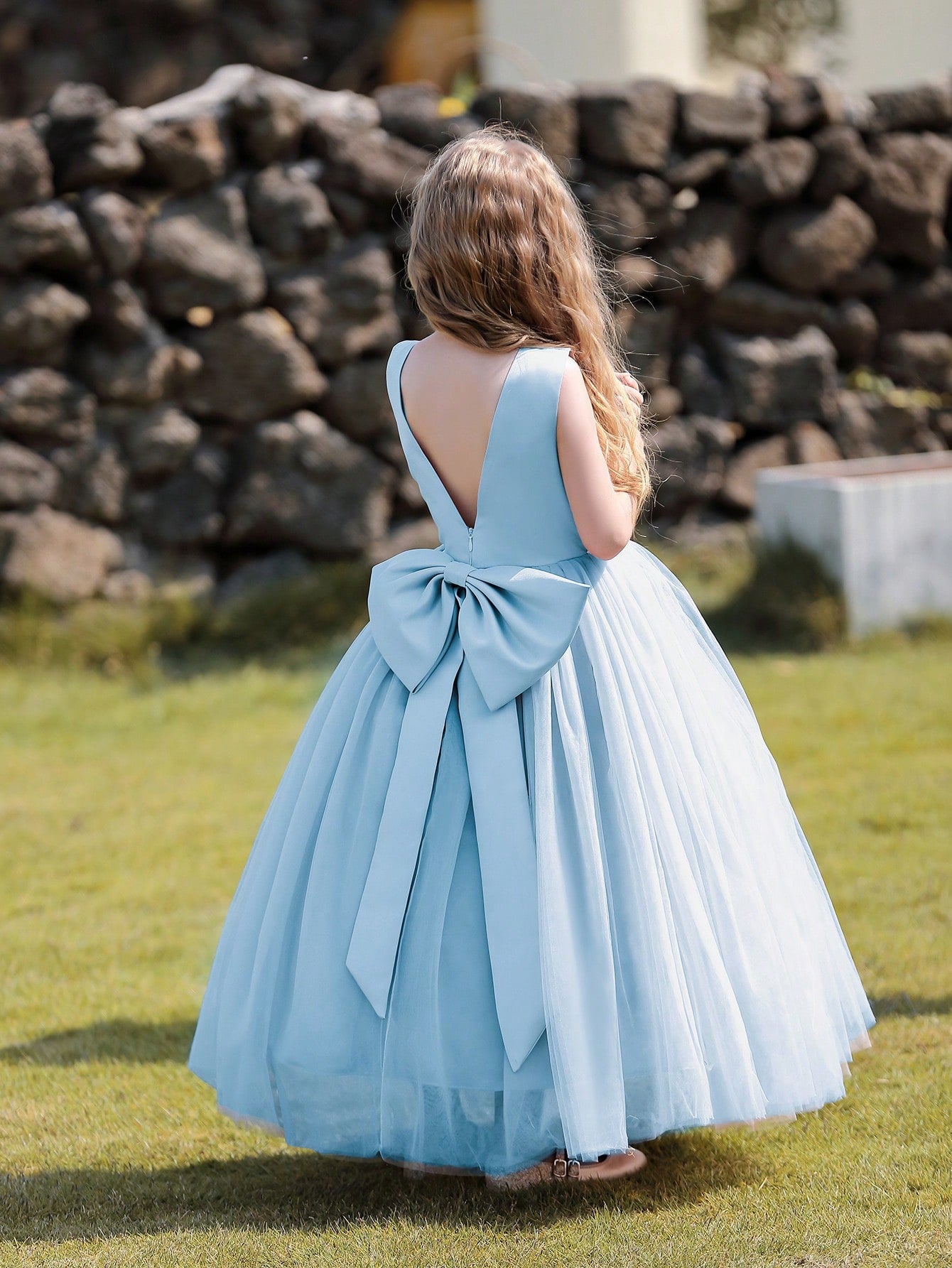 Tween Girl Blue Backless Bow Decoration Dress Summer Mesh Splice Dress