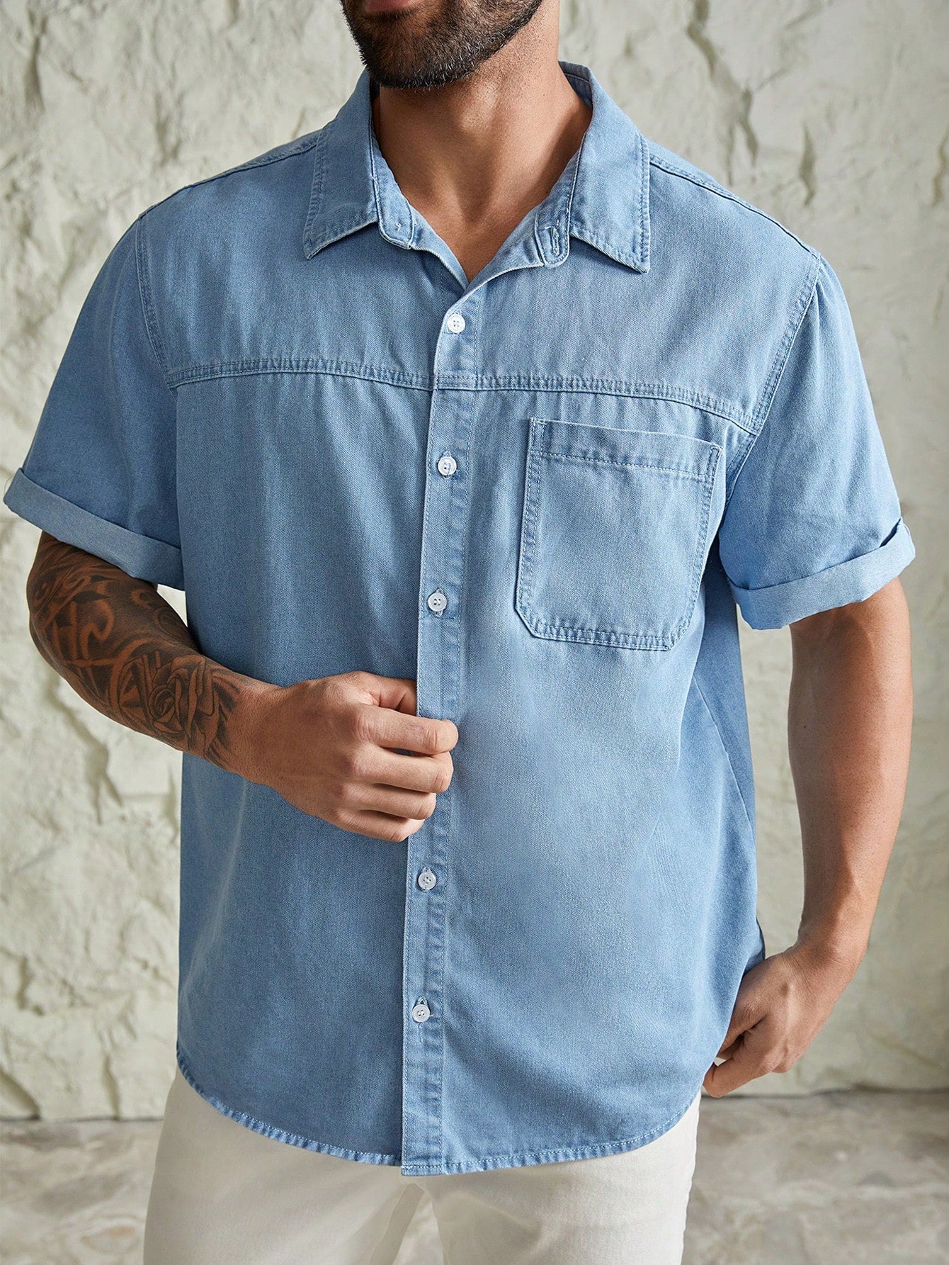 Men's Plus Size Water Washed Casual Fashion Denim Shirt, Oversize Button Up Plain Light Blue Work Shirt For Husband