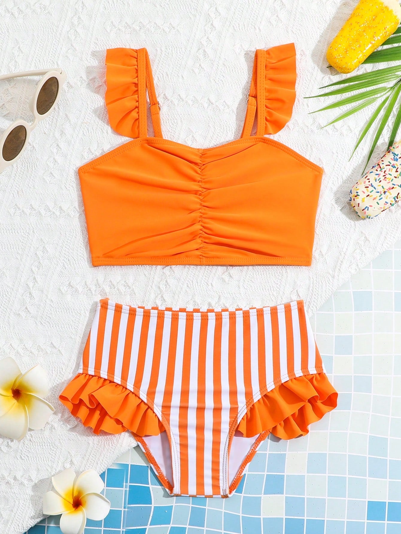 Young Girl Solid Color Ruched Bikini Set Top And Striped Triangle Bottom Bikini Set Summer Beach