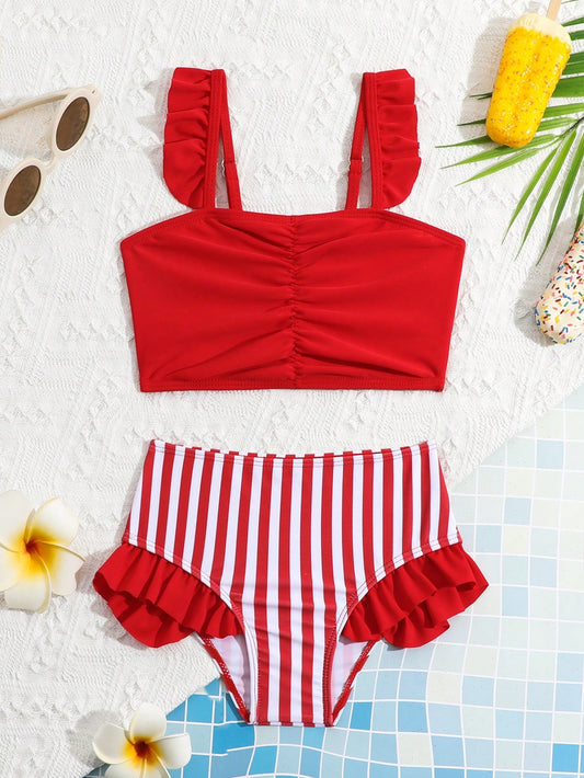 Young Girl Solid Color Ruched Bikini Set Top And Striped Triangle Bottom Bikini Set Summer Beach