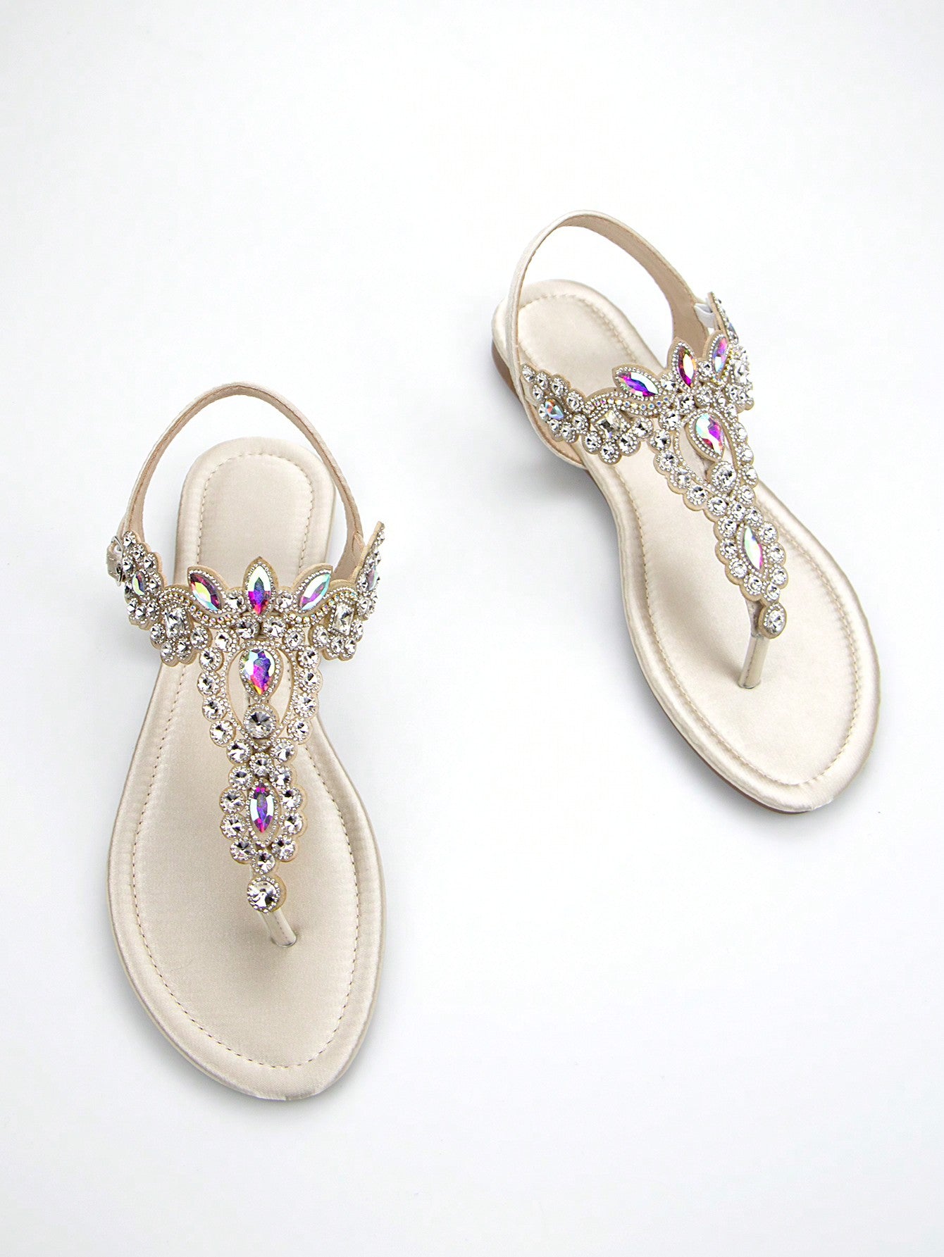 Women Rhinestone Decor Ankle Strap Thong Sandals, Glamorous Summer Flat Sandals