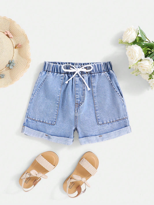 Teen Girl Drawstring Waist Roll Up Hem Denim Shorts&Summer Outfits