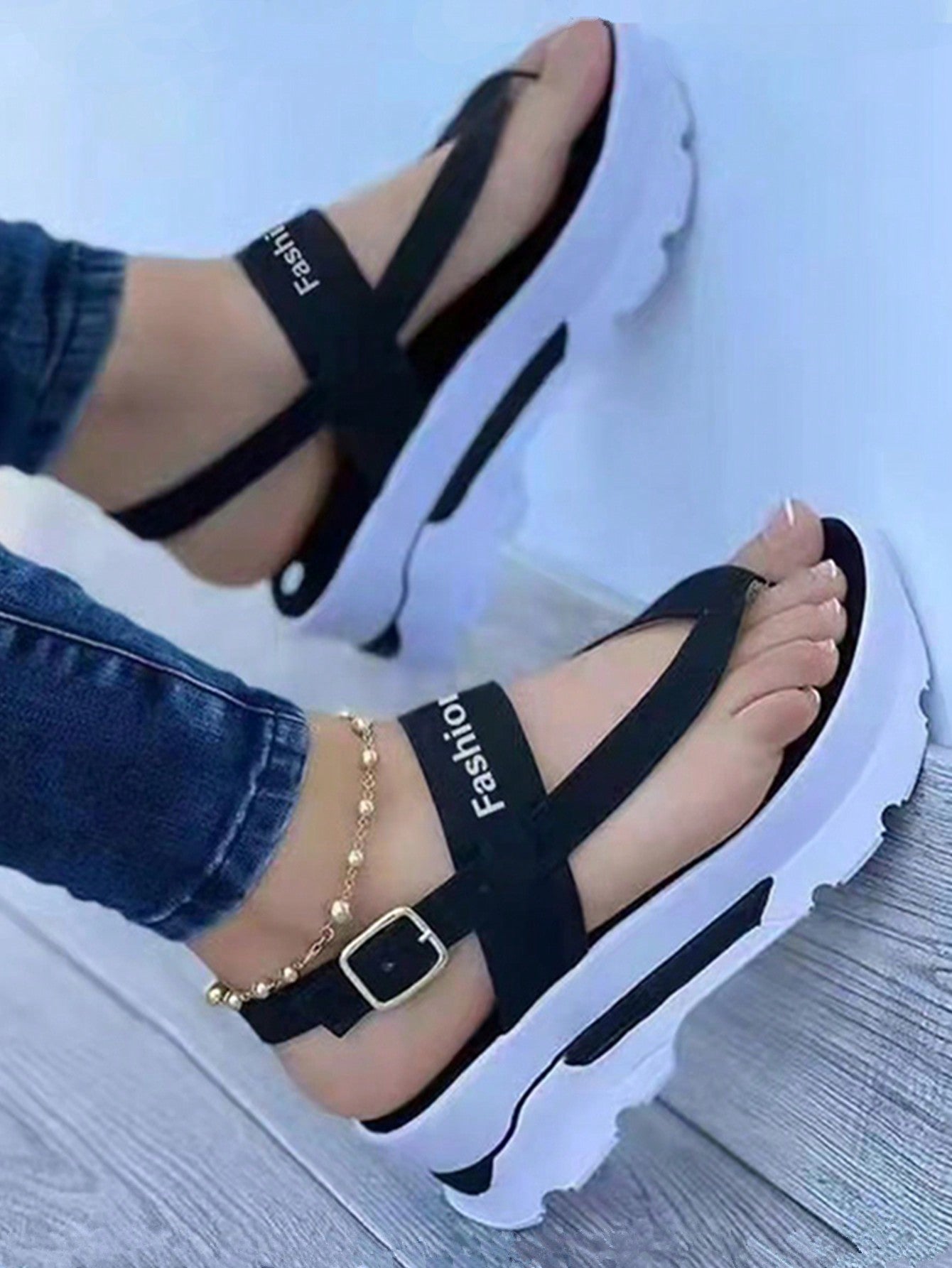 Women's Cross-Border Size 43 Platform Sandals With Toe And Foot Rings, Buckle Strap, Anti-Slip Wedge Heel And Thick Bottom