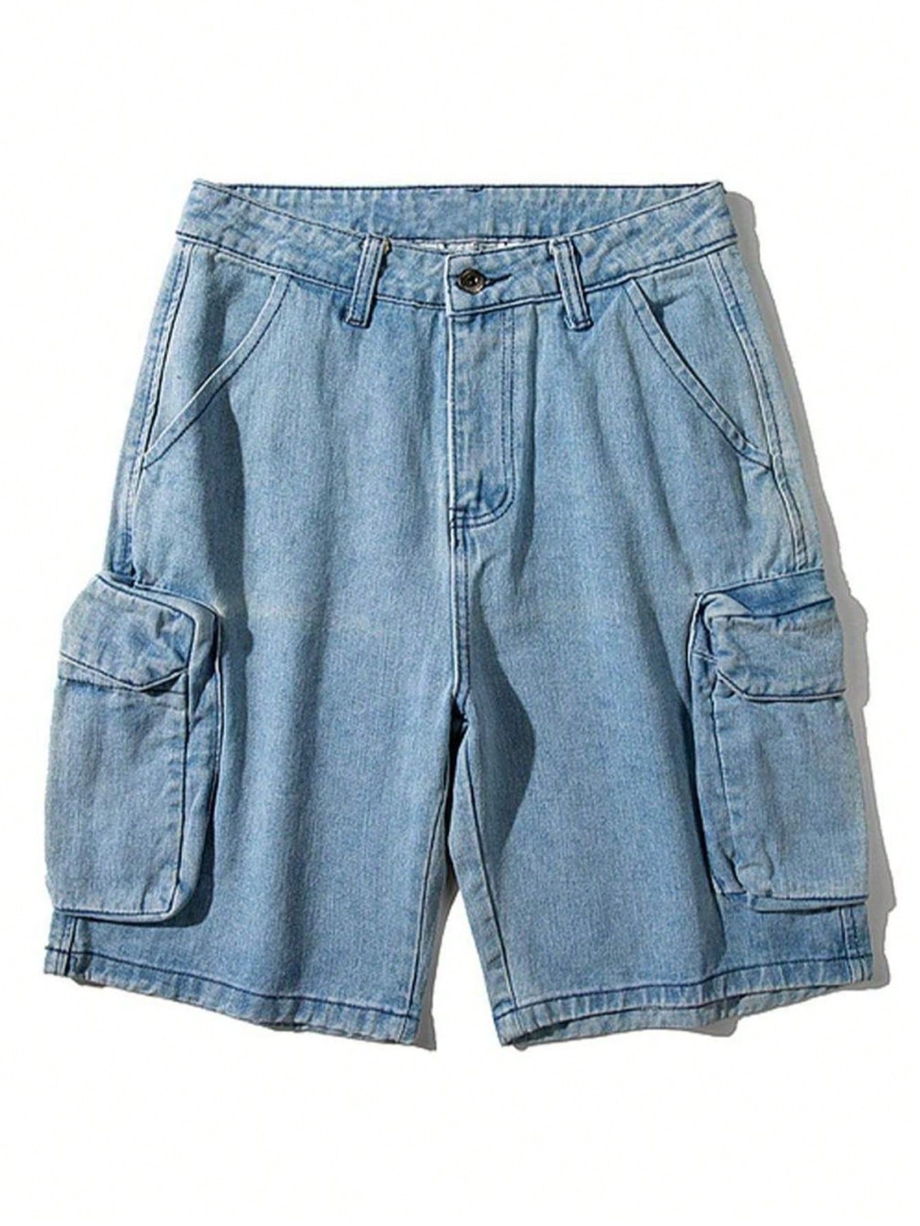 Men's Washed Cargo Denim Shorts Baggy Plain Sky Blue Urban