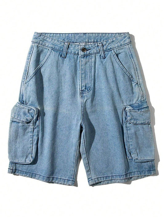 Men's Washed Cargo Denim Shorts Baggy Plain Sky Blue Urban