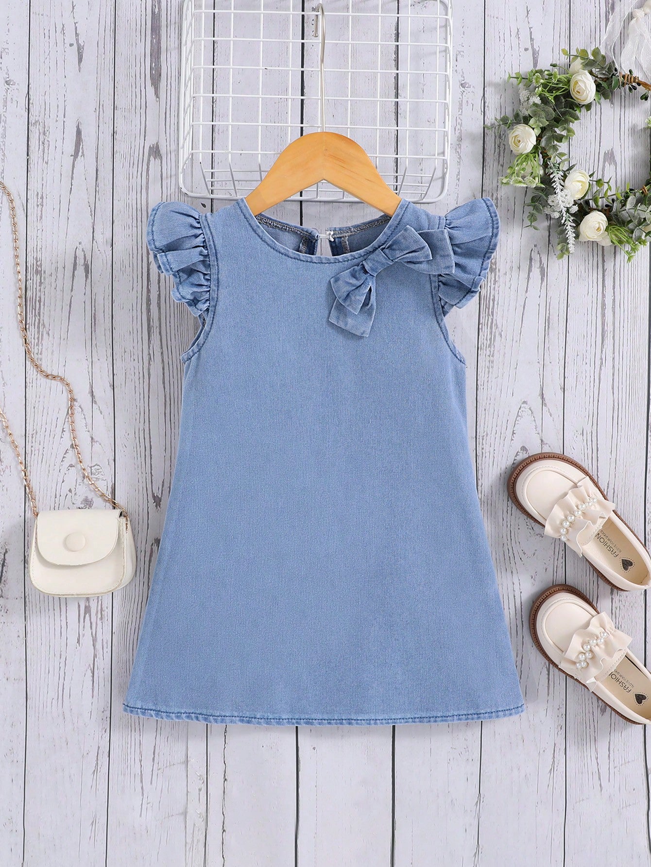 Young Girl Spring Summer Cute Love Pocket Boho Comfortable Soft Loose Denim Sleeveless Dress, Ruffle Dress Decorated With Lovely Doll & Bowknot