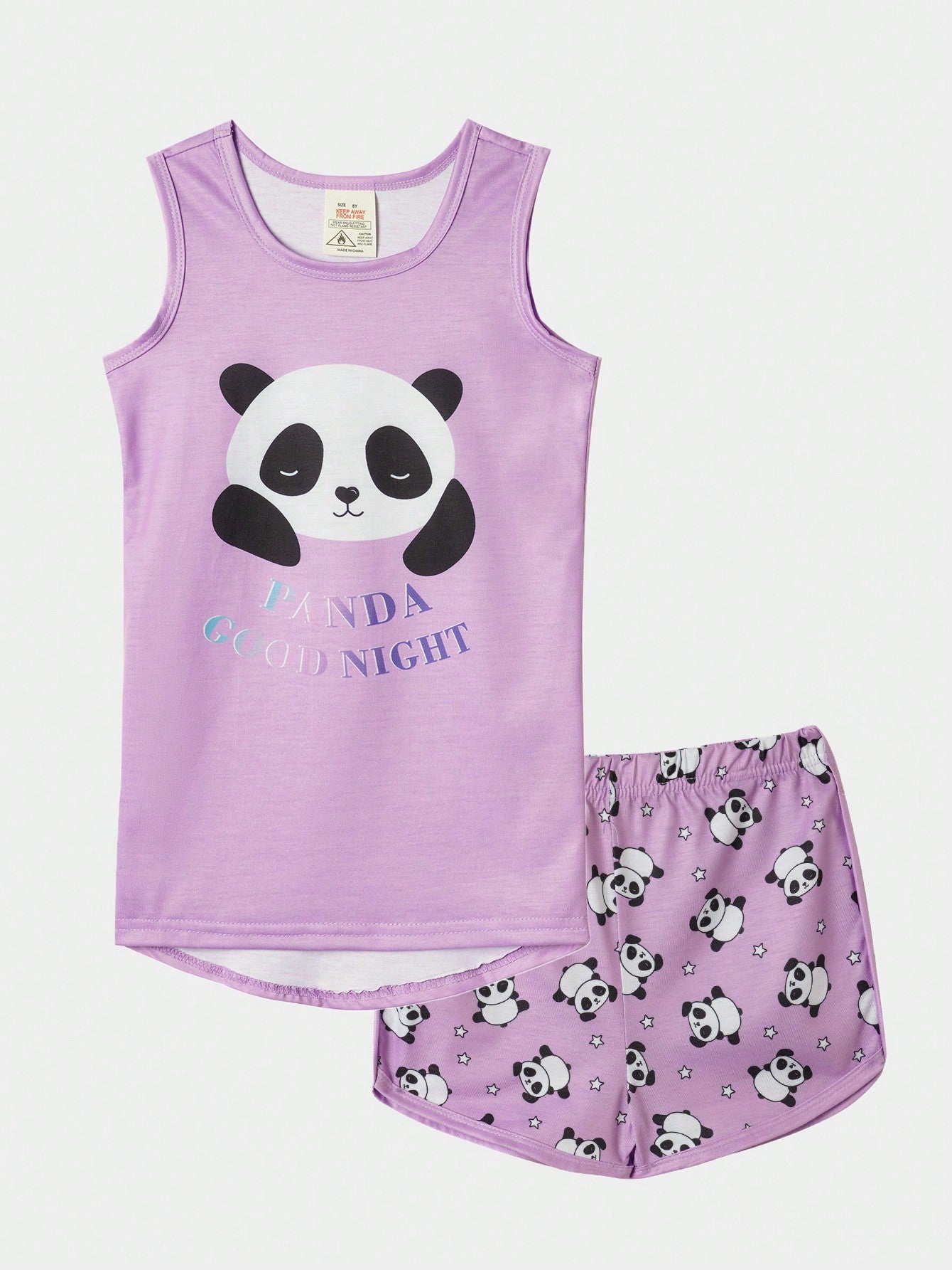 Tween Girl 2pcs Snug Fit Cute Panda Print Top & Shorts Casual Comfy Homewear Set