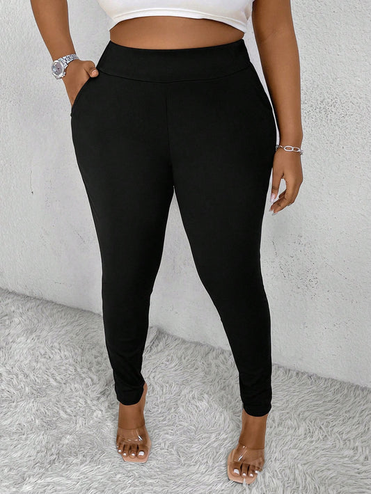 Plus Size High Waisted Leggings With Slanted Pockets