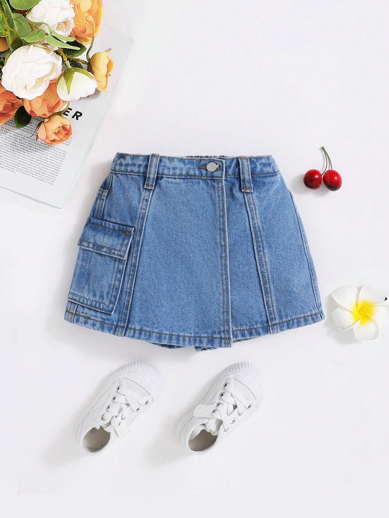 Young Girl's Mult-Pocket Washed Denim Skorts, Casual And Fashionable