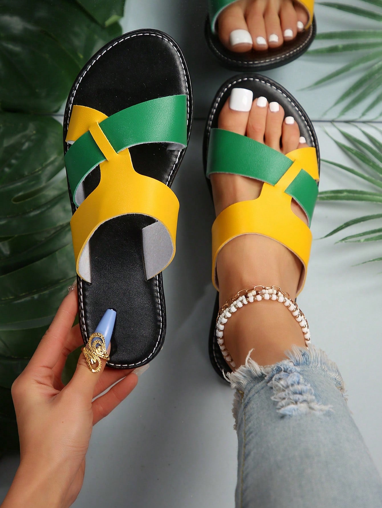 Women's Patchwork Flat Shoes, Peep Toe Faux Leather Shoes, Casual All-Season Beach Flip Flops