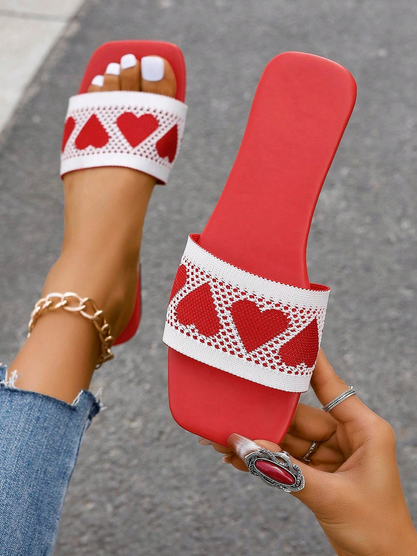 Fashionable Red Flat Sandals For Women, Cherry Patterned Anti-Slip Sole Slipper Shoes, Summer