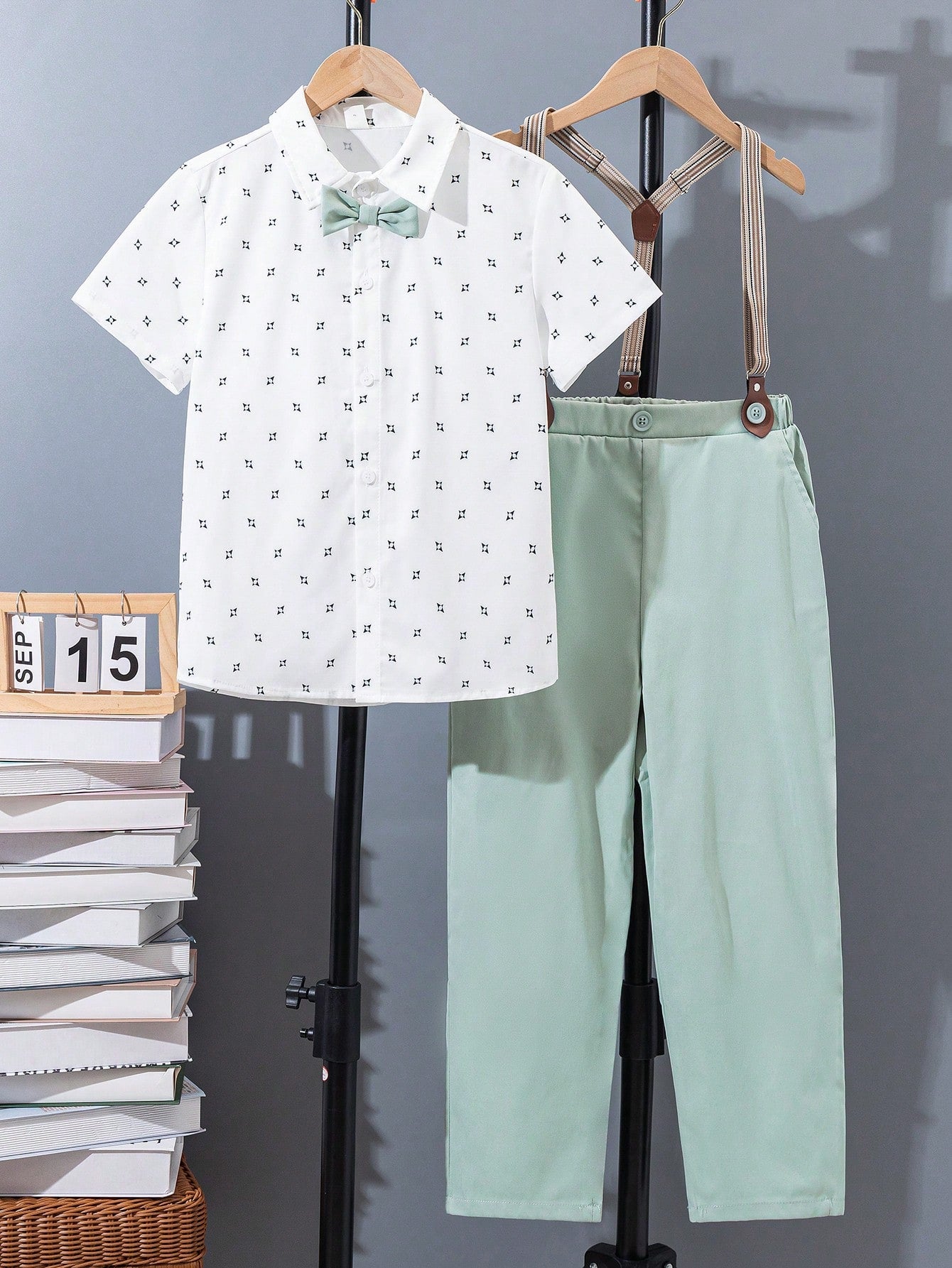 Tween Boys' Fancy Match Collared Woven Short Sleeve Shirt With Detachable Braces And Pants Gentleman Outfit 2pcs/Set