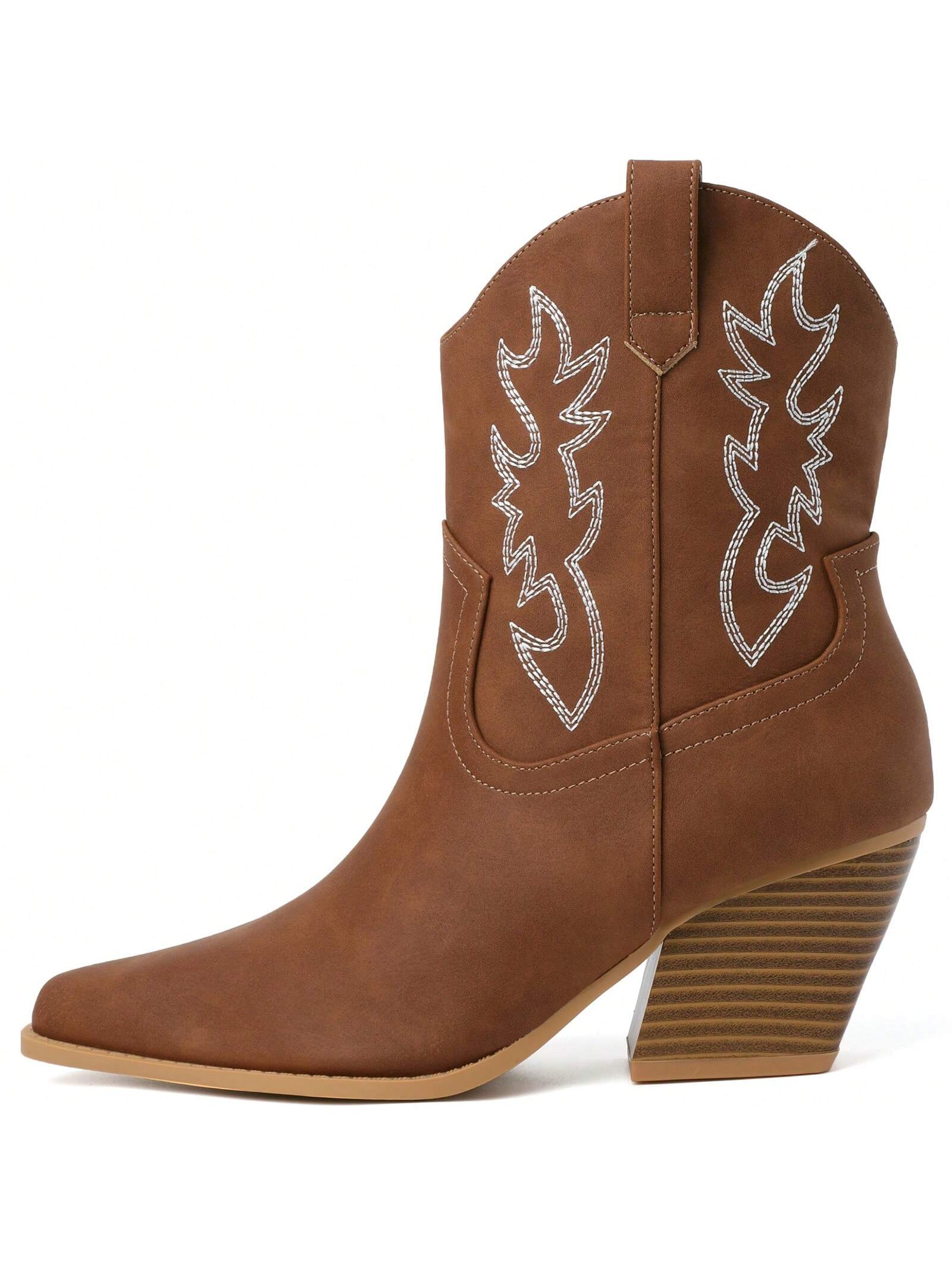 Cowgirl Boots For Women Embroidered Cowboy Boots Pointed Toe Ankle Boots Chunky Western Boots Pull-On Mid Calf Booties