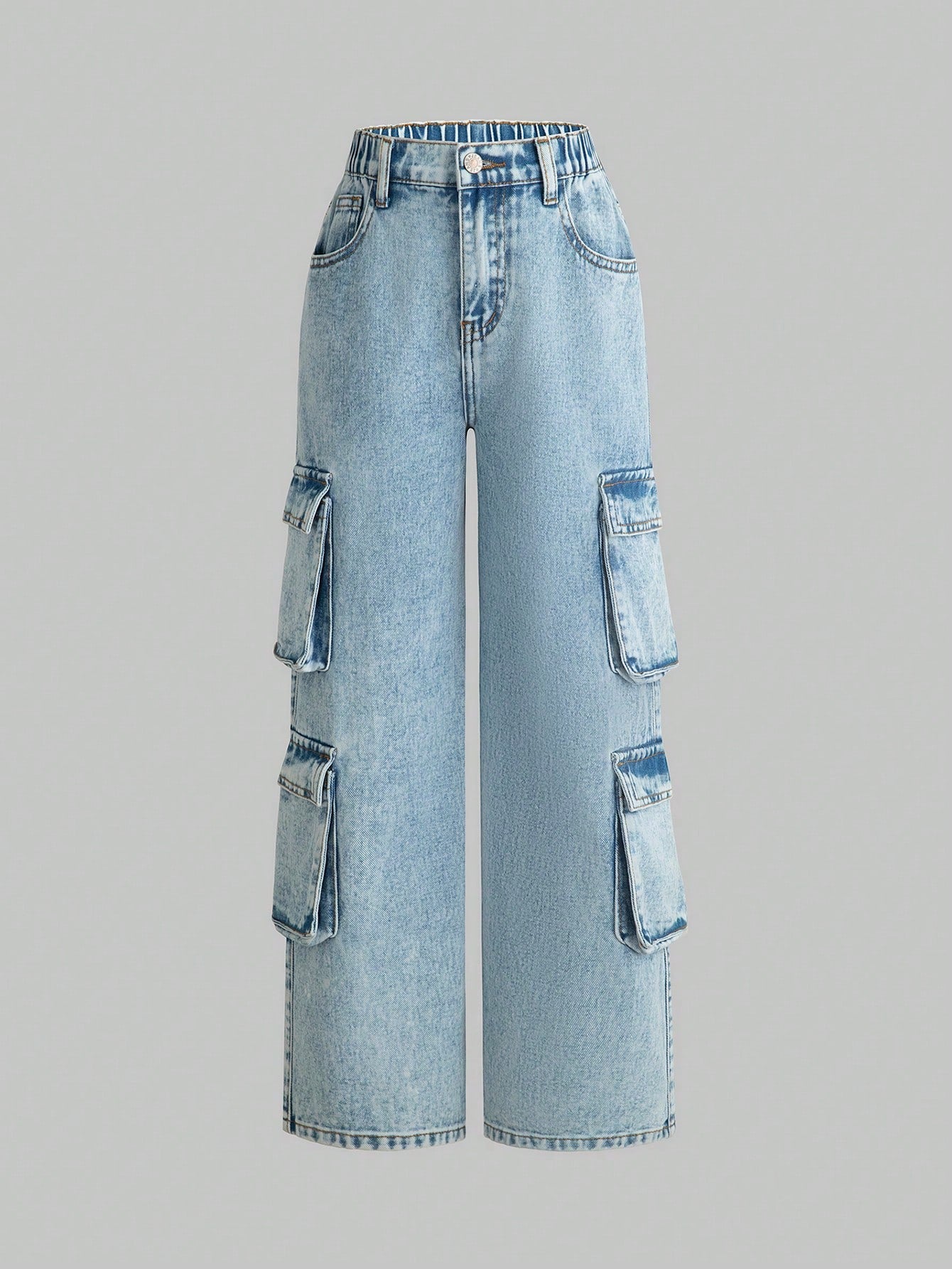 Tween Girl Jeans, New Casual Fashion Multi-Pocket Overalls Jeans With Straight Leg Cut, Washed Finish