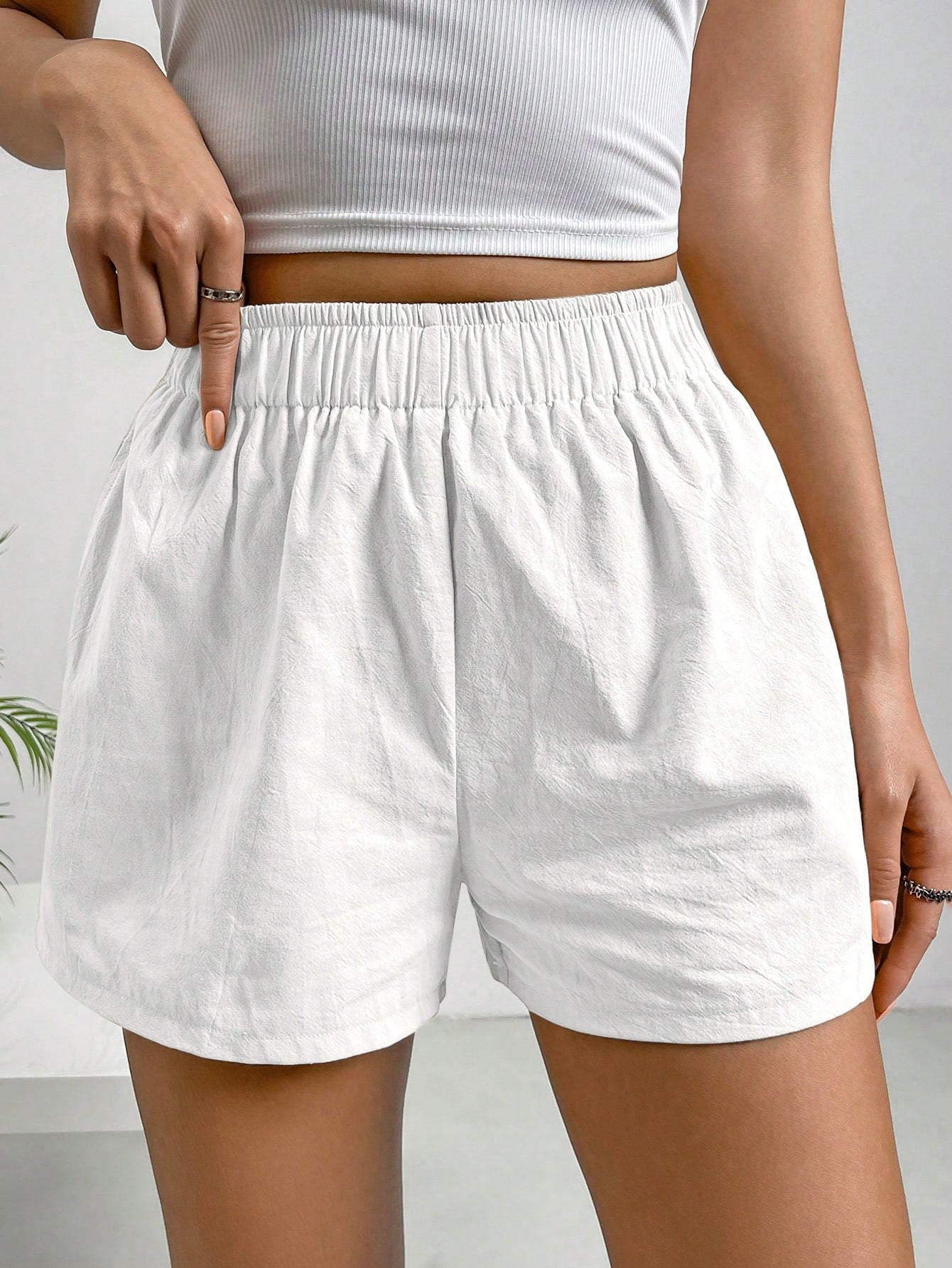 Solid Color Elastic Waist Shorts