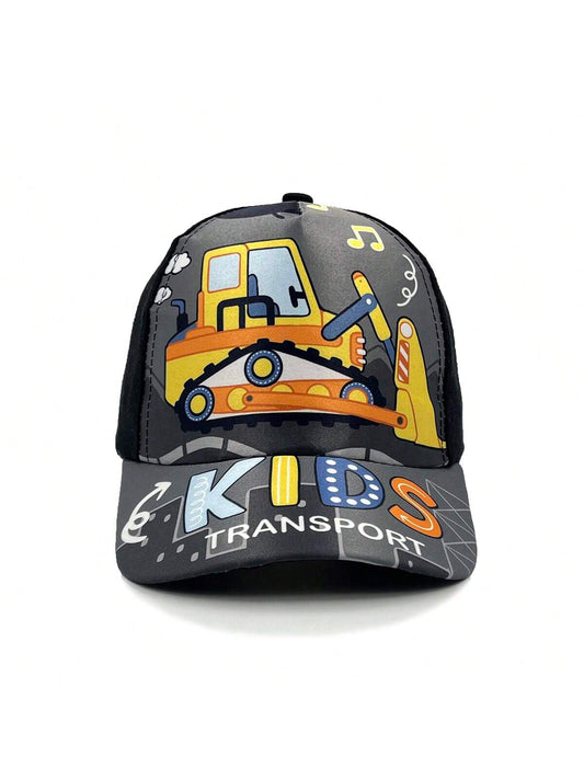 1pc Cute Excavator & Bulldozer Print Baseball Cap For Kids, Sun Protection, Suitable For Daily Wear