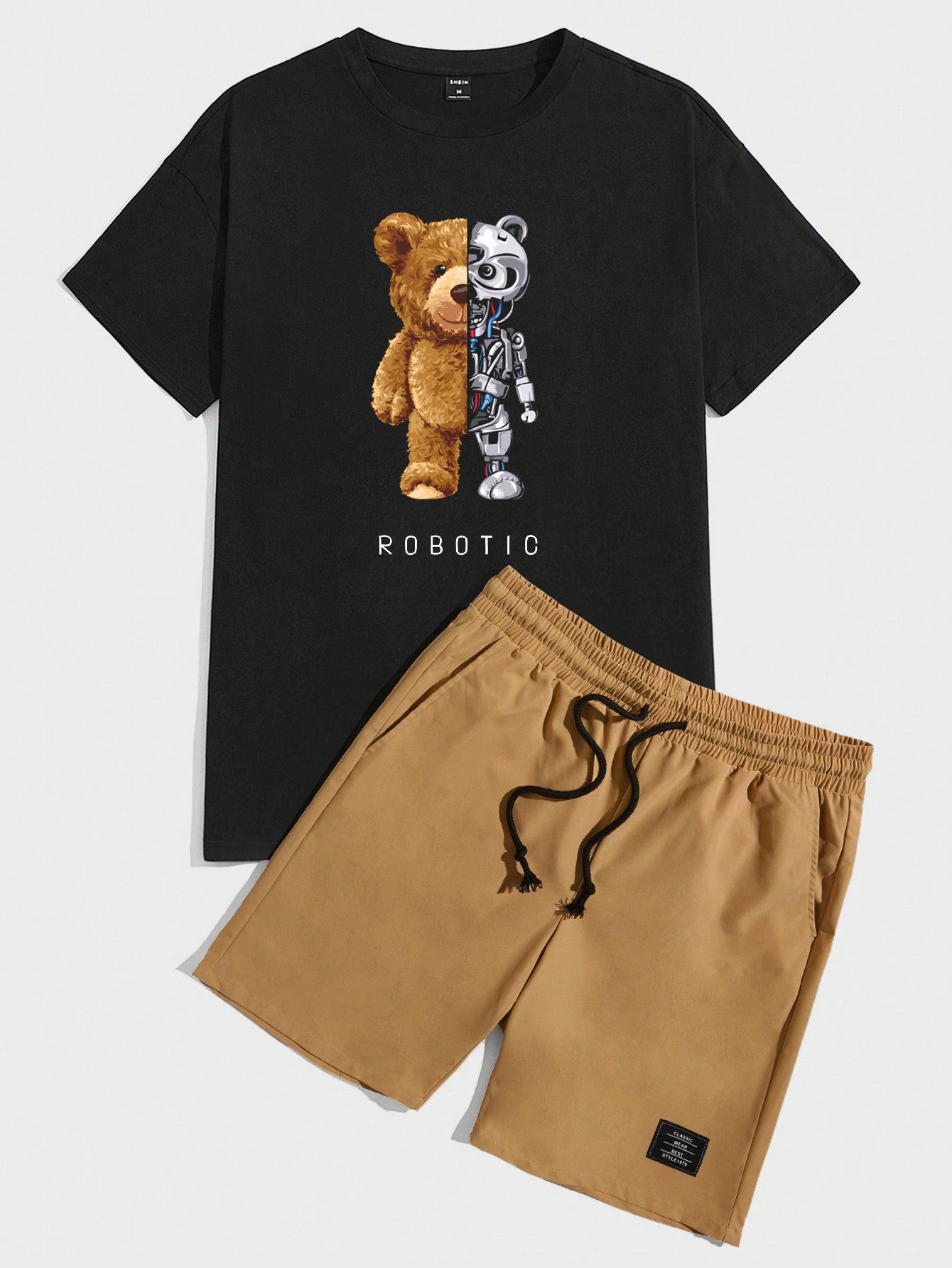 Men's Knitted Short Sleeve Bear & Letter Printed T-Shirt And Woven Shorts 2pcs/Set