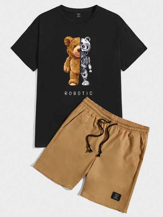 Men's Knitted Short Sleeve Bear & Letter Printed T-Shirt And Woven Shorts 2pcs/Set