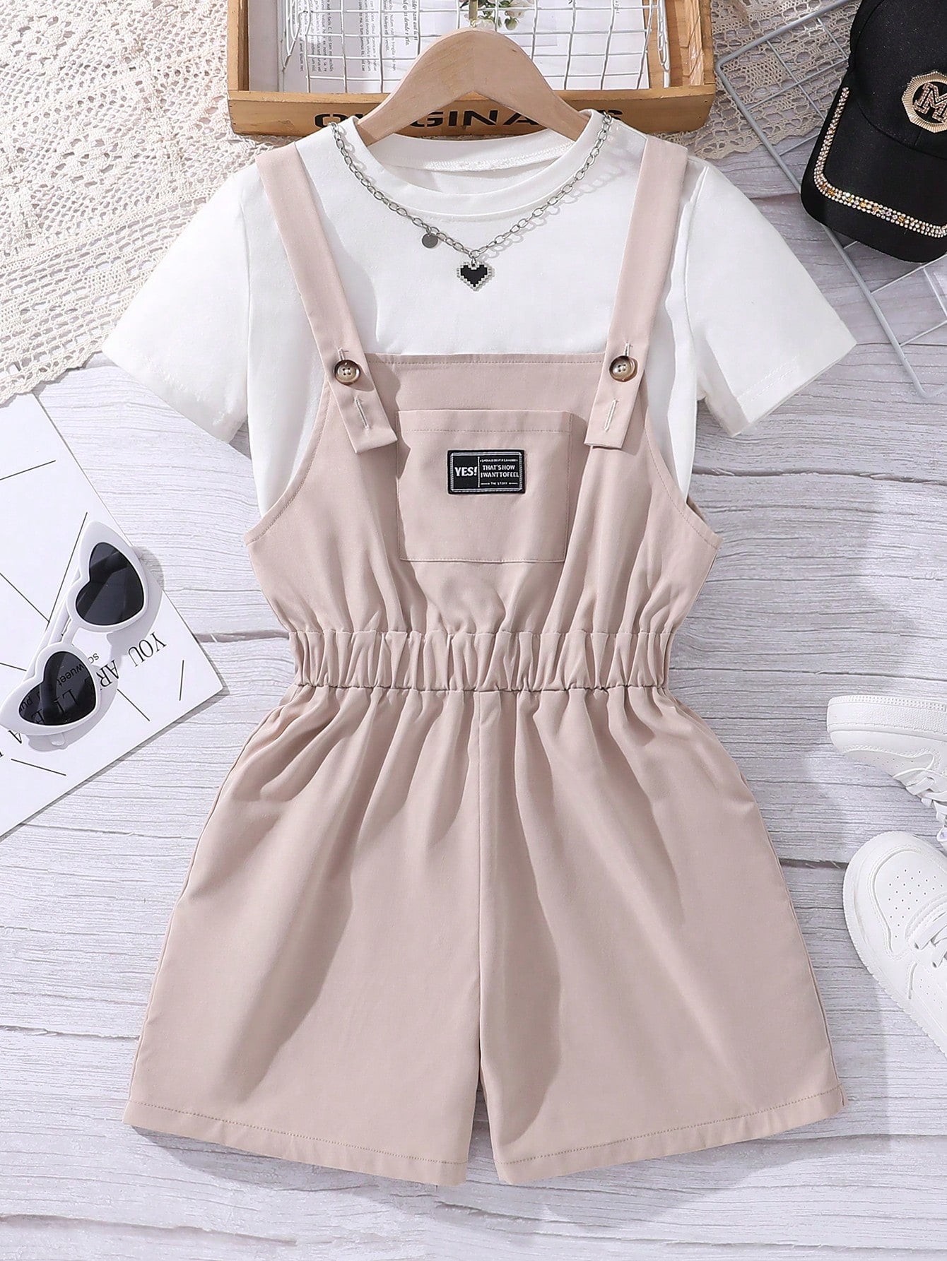 Tween Girls' Streetwear Suspenders Letter Patchwork Elastic Waist Romper