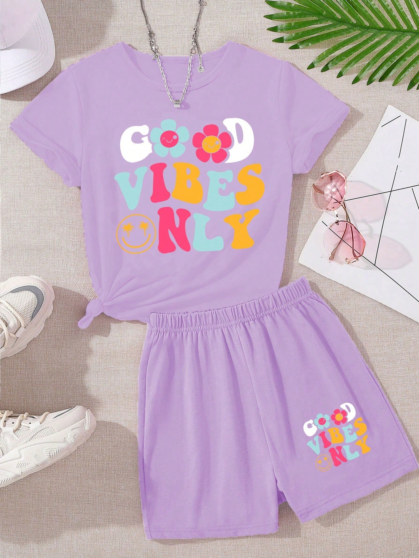 Tween Girls' Cartoon Print Short Sleeve Set