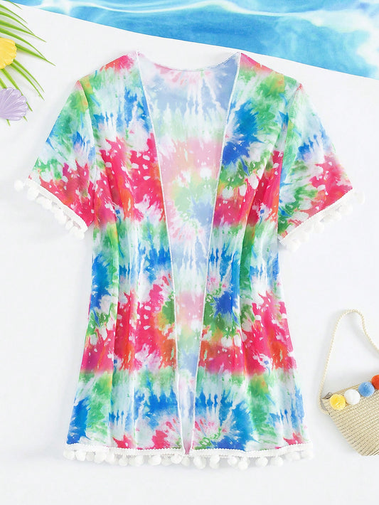 Young Girl Tie Dye Loose Fit Kimono Cardigan With Front Slit And Pom Pom Detail