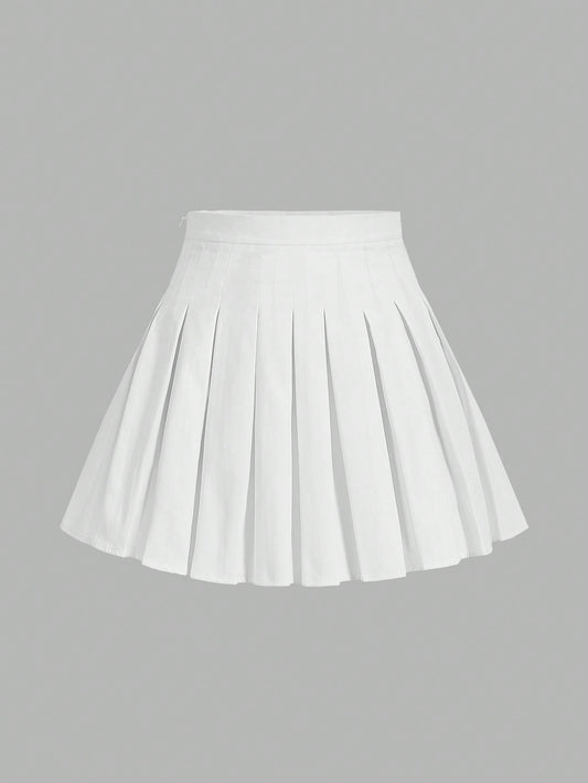 Solid Color Side Zipper Casual Pleated Skirt