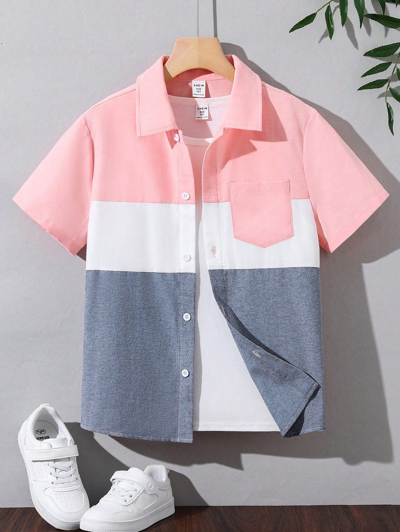 Tween Boy Loose Fit Casual Colorblock Short Sleeve Button-Down Collared Shirt