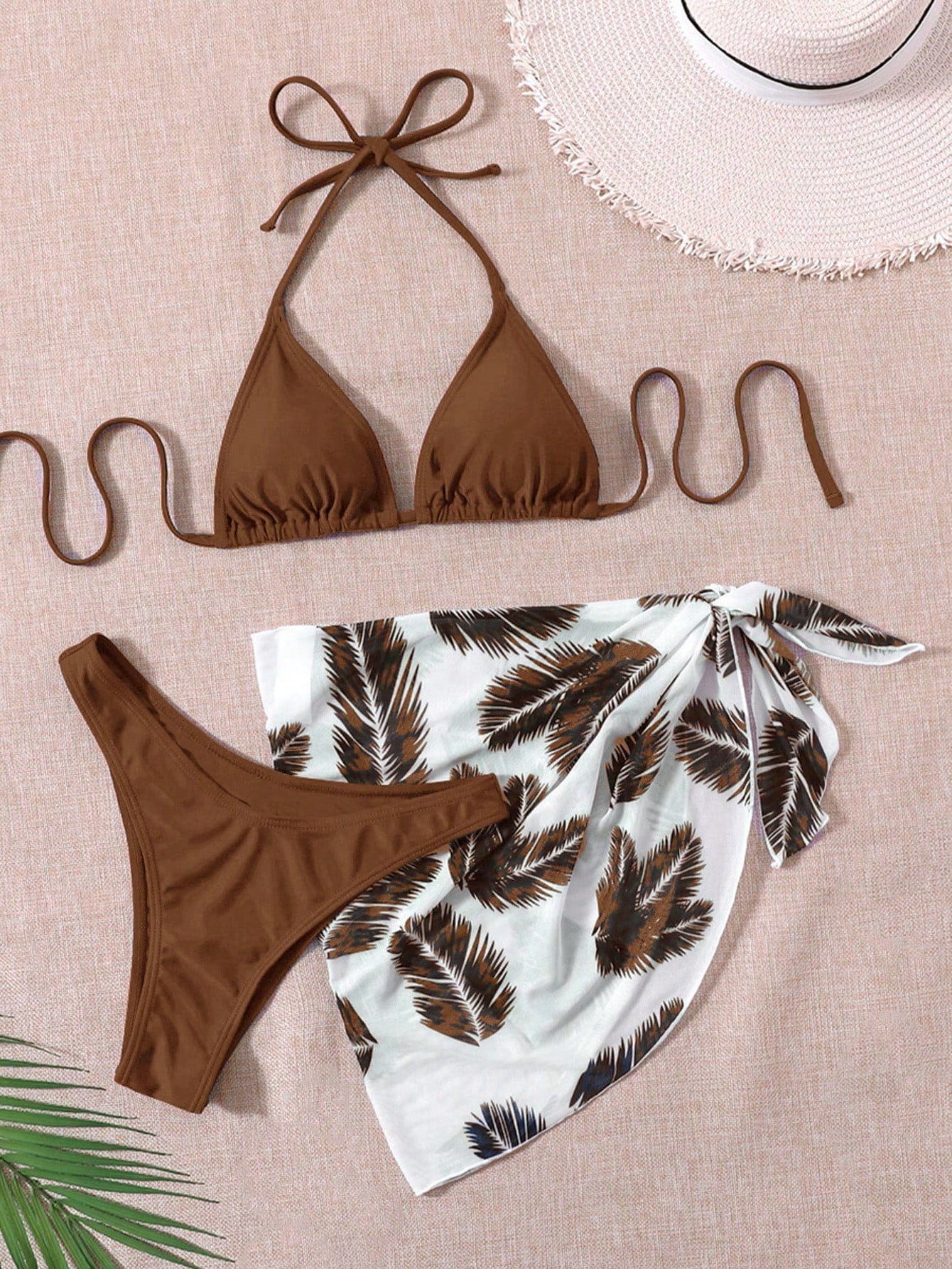 Swim Summer Beach Leaf Print Bikini Set Halter Triangle Bra & High Cut Bottom & Cover Up Skirt 3 Piece Bathing