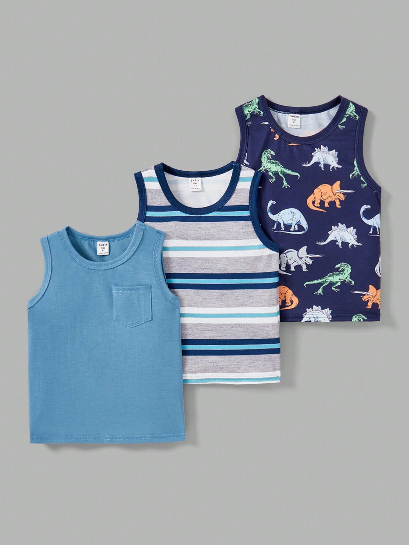 Young Boy 3pcs/Set Casual, Stylish, Versatile, Soft, Comfortable, Cartoon Dinosaur Print, Striped & Solid Breathable Tank Top Suitable For Spring & Summer