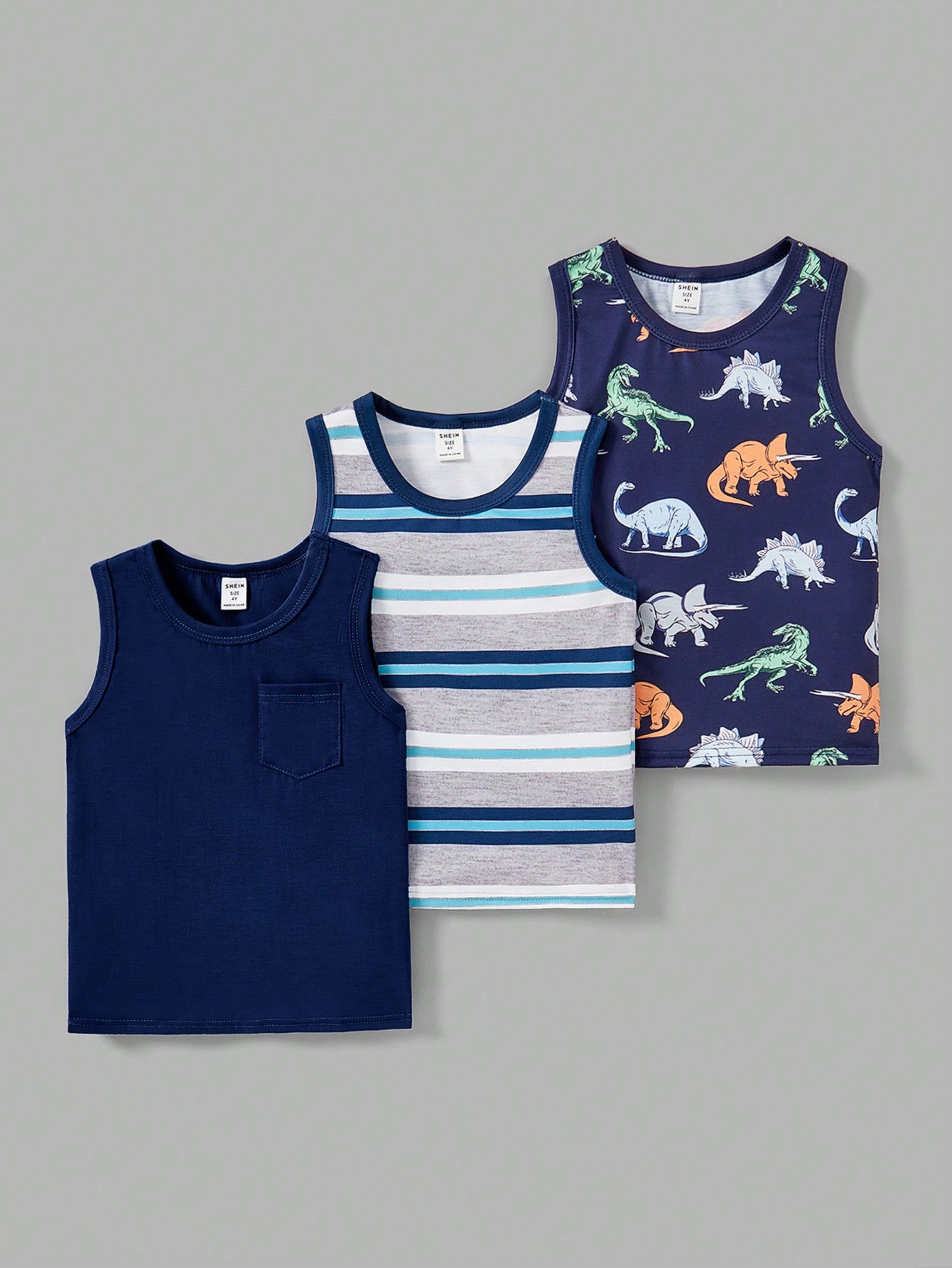 Young Boy 3pcs/Set Casual, Stylish, Versatile, Soft, Comfortable, Cartoon Dinosaur Print, Striped & Solid Breathable Tank Top Suitable For Spring & Summer