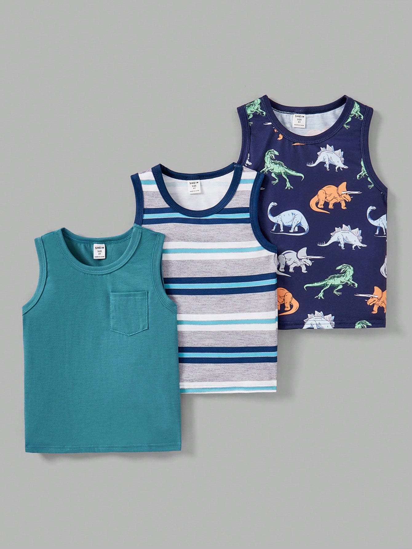 Young Boy 3pcs/Set Casual, Stylish, Versatile, Soft, Comfortable, Cartoon Dinosaur Print, Striped & Solid Breathable Tank Top Suitable For Spring & Summer