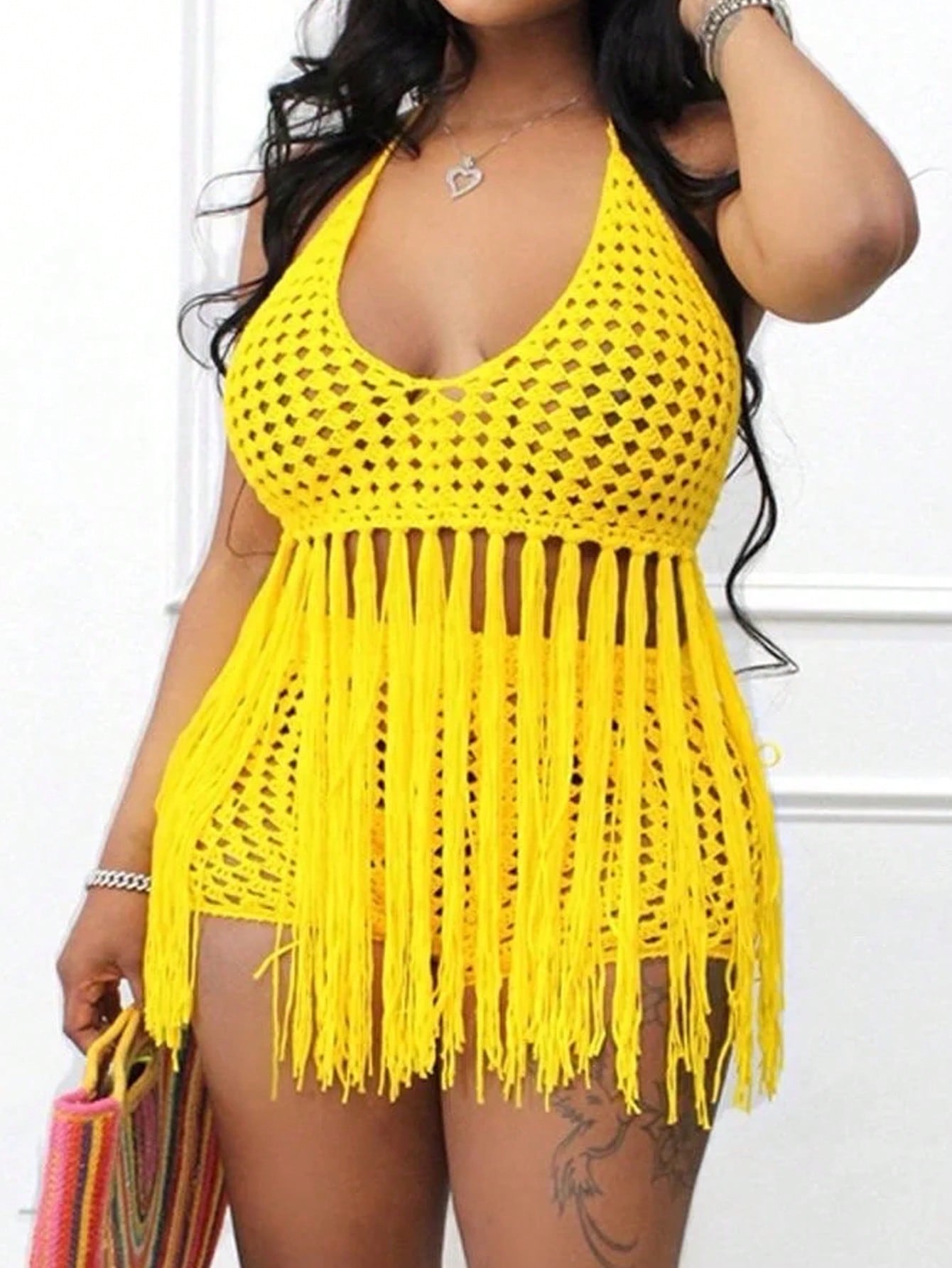 Plus Size Halter Fringed Hollow Out Top And Solid Color Shorts Bodycon Suit For Vacation