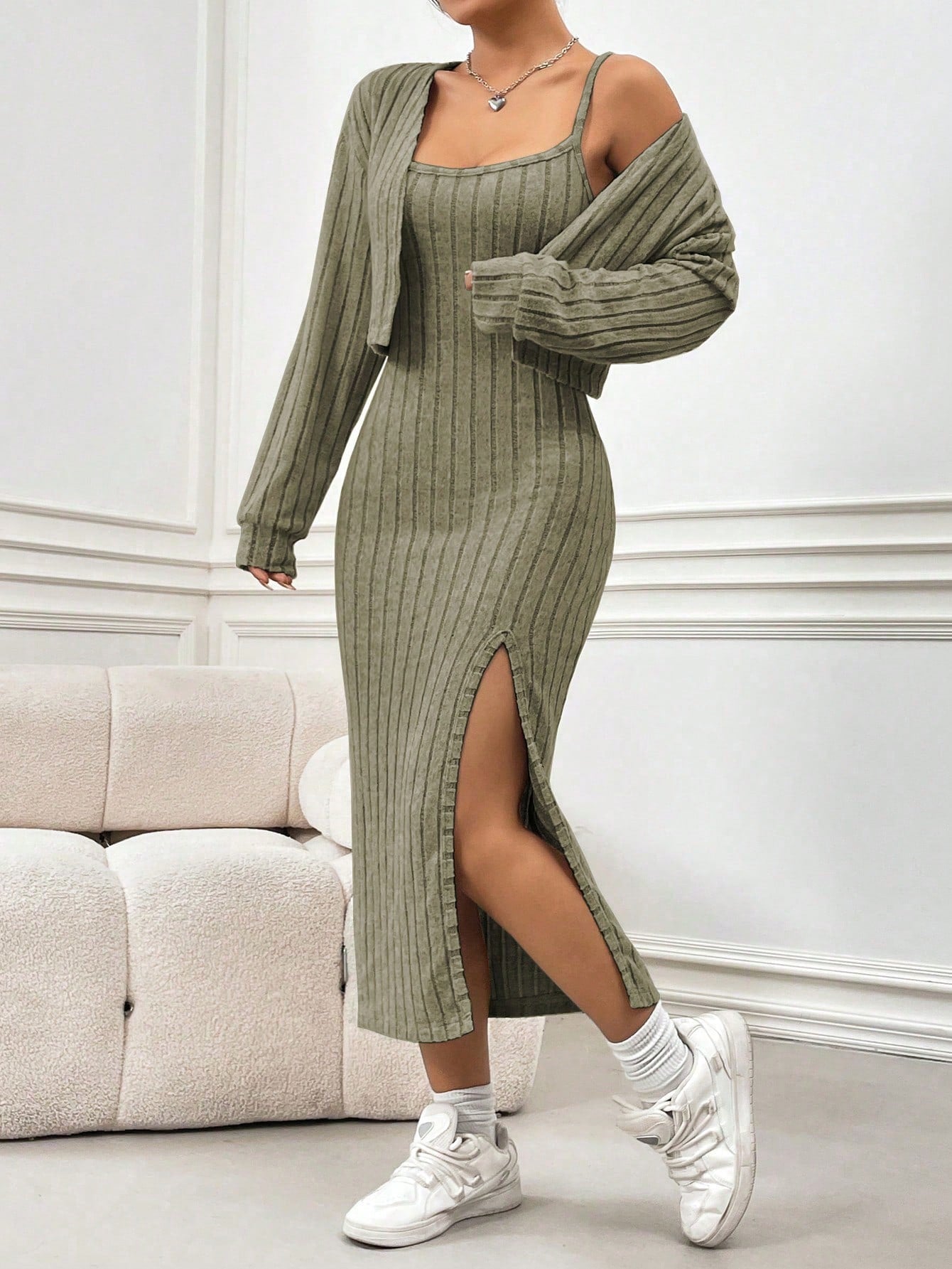 Fleece Casual Simple Spaghetti Strap Dress And Coat