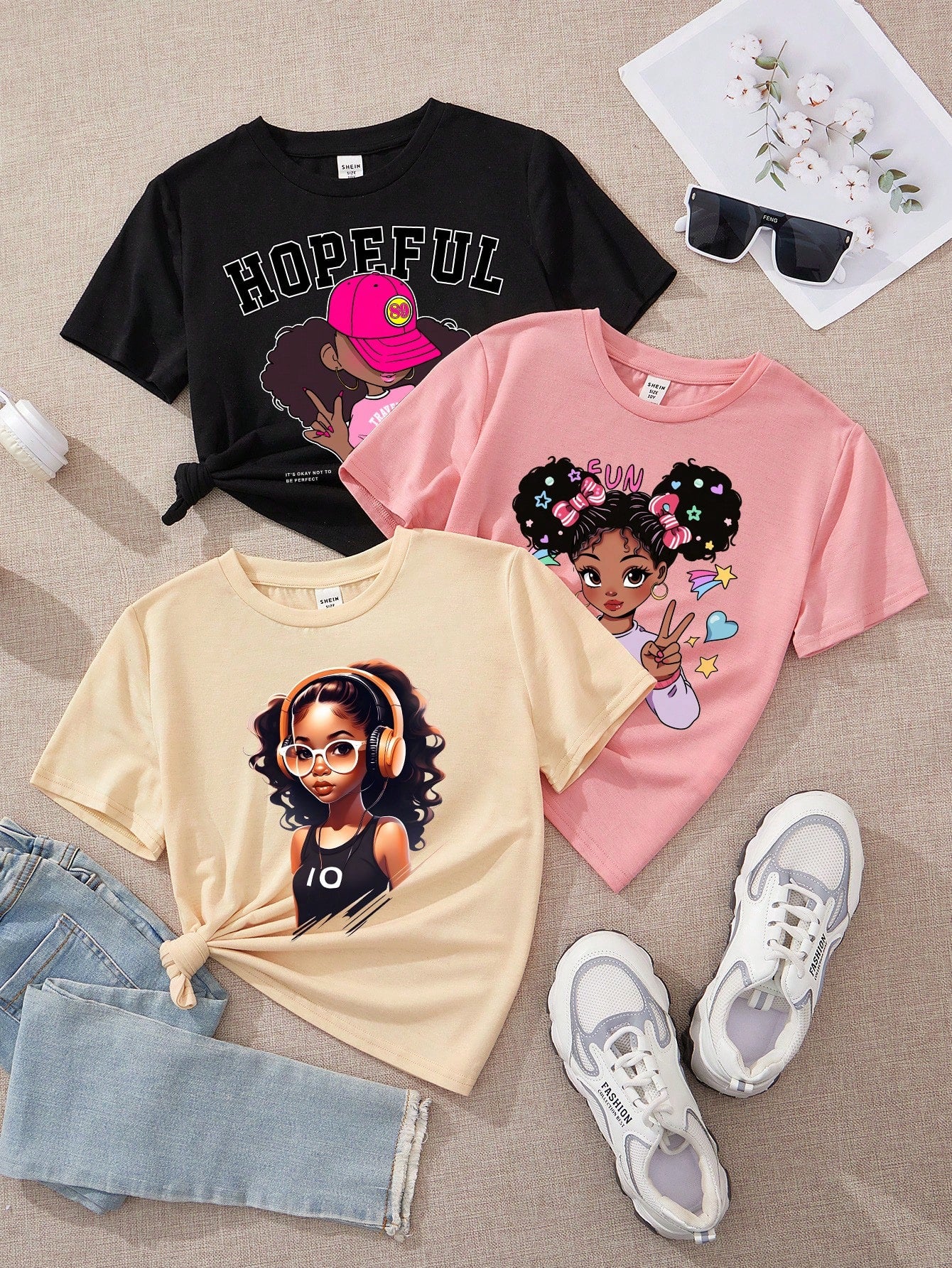 Tween Girl Casual Simple Cartoon Printed T-Shirt 3pcs/Set, Black, Pink & Apricot, Suitable For Summer