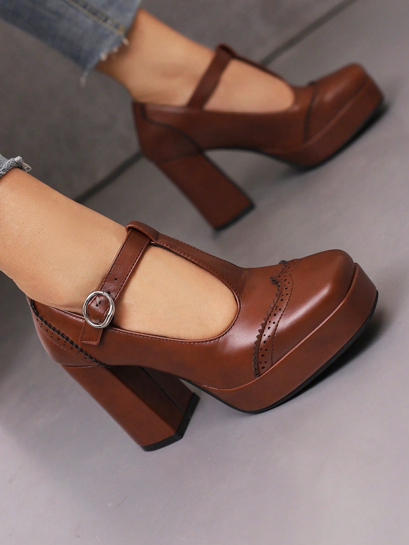 Brown Mary Jane Platform Block Heel Women's Shoes