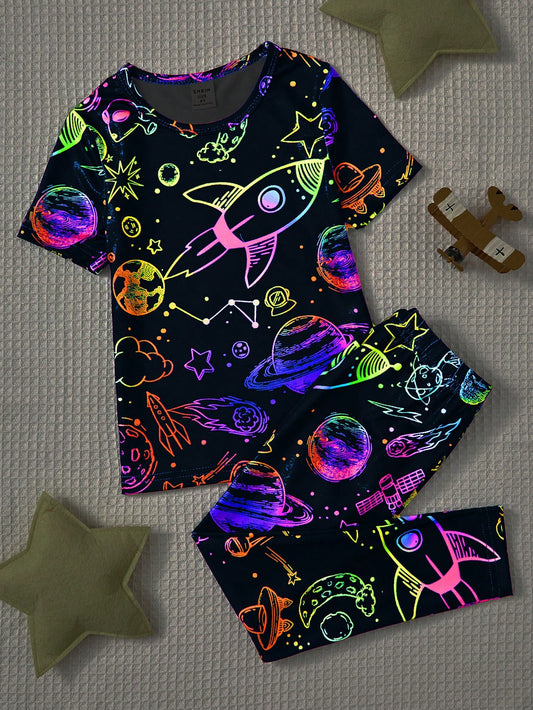 Young Boy Cool Fluorescent Planet System Pattern Printed Round Neck Top And Snug Fit Long Pants PJ Set