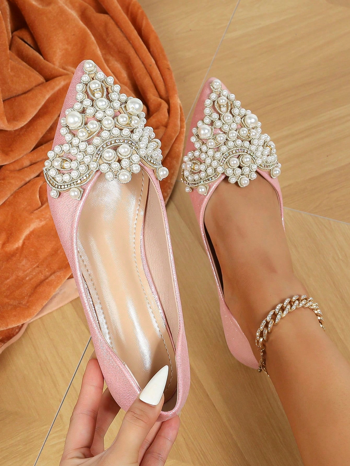 Women Faux Pearls Decor Flats, Elegant Point Toe Flats Ballet Flats