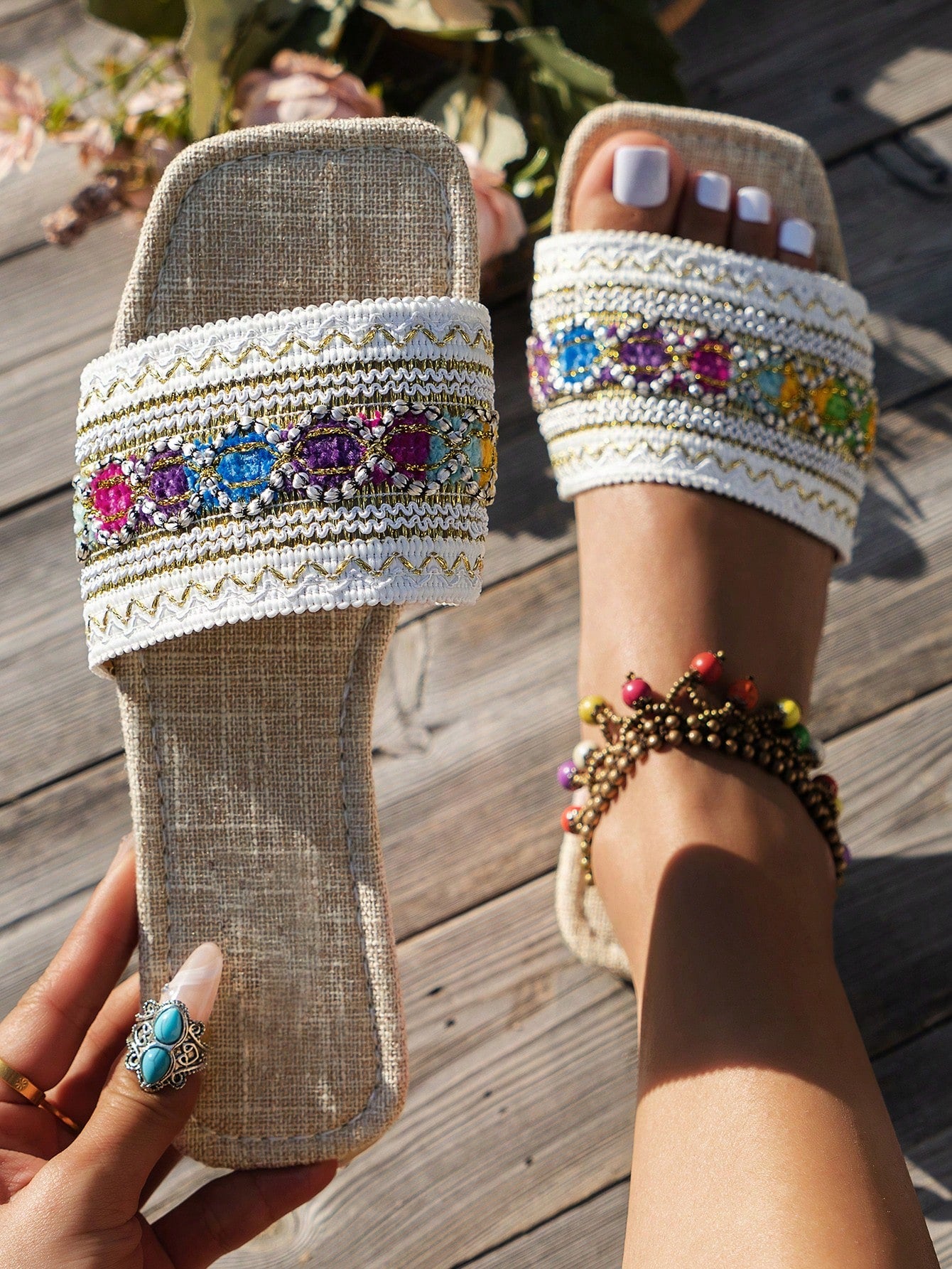 Summer Colorful Embroidery Flat Sandals, Vintage Beaded Flip Flops