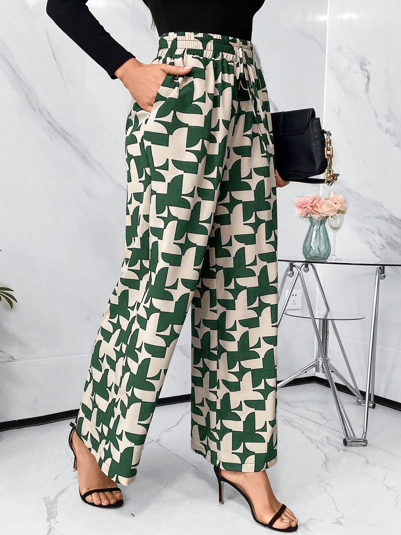 Allover Print Slant Pocket Wide Leg Pants