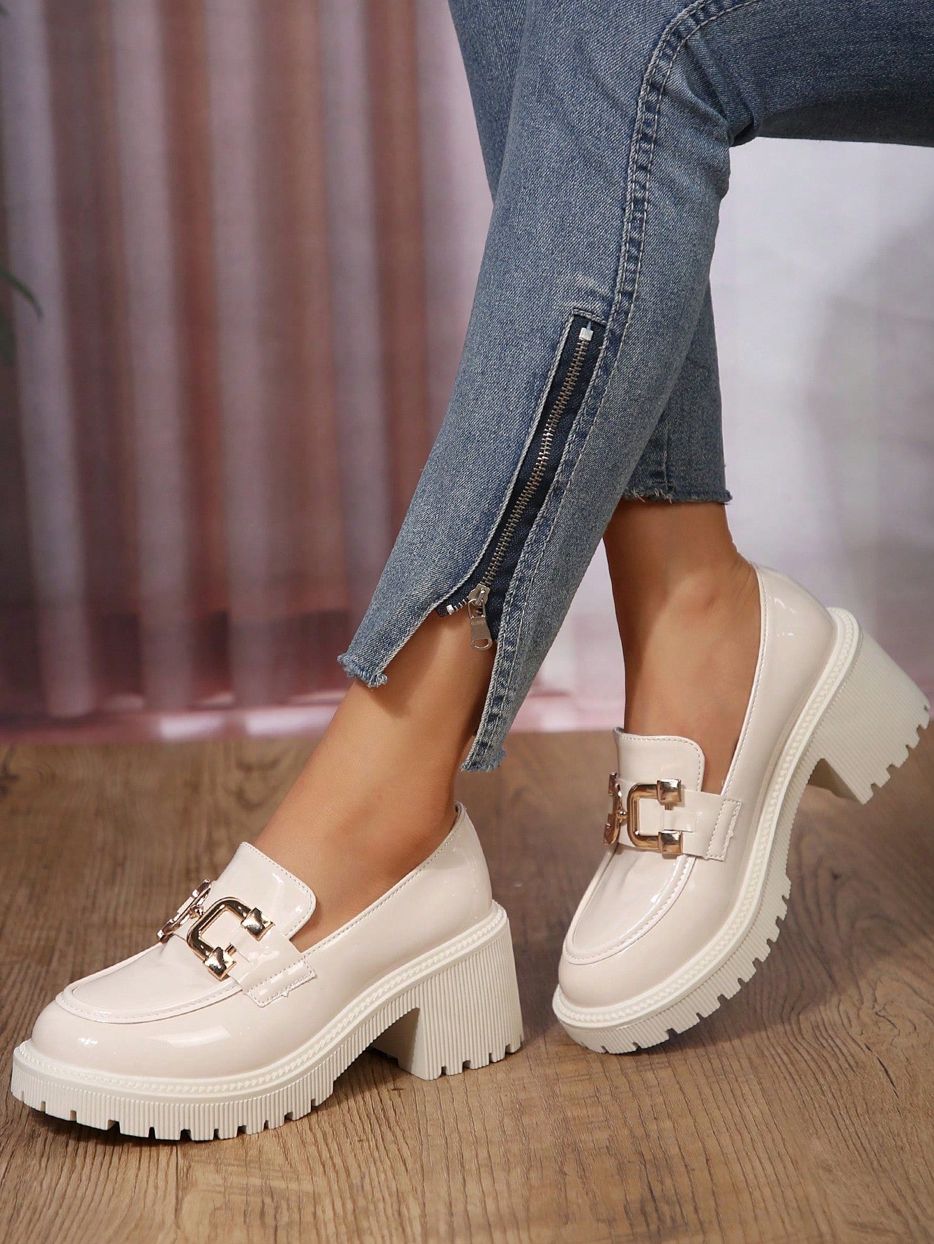 Women Wedge Heel & Thick Sole Shoes Beige Color Shoes With Metallic Buckle Decoration Mary Jane Loafers