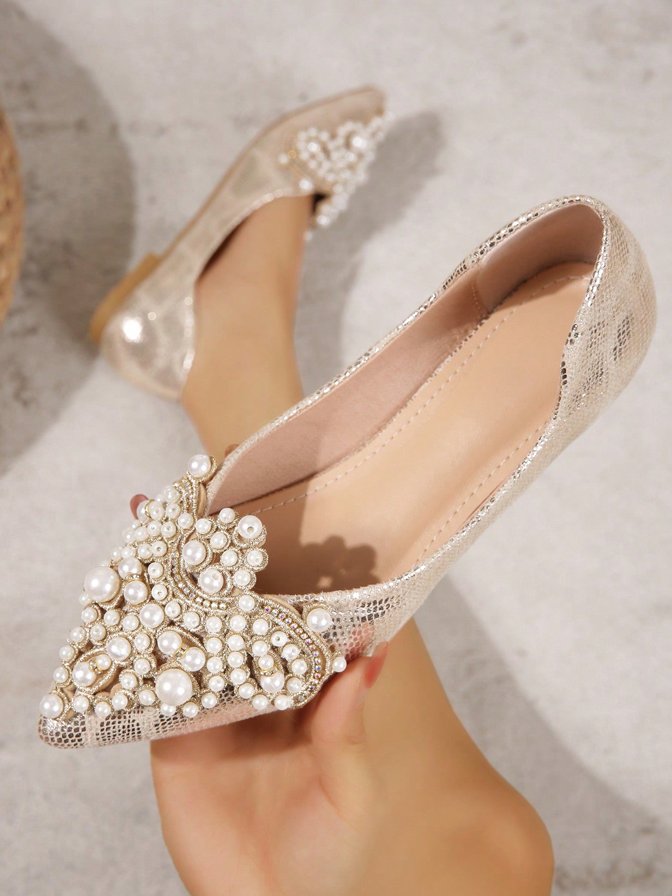 Women Faux Pearls Decor Flats, Elegant Point Toe Flats Ballet Flats