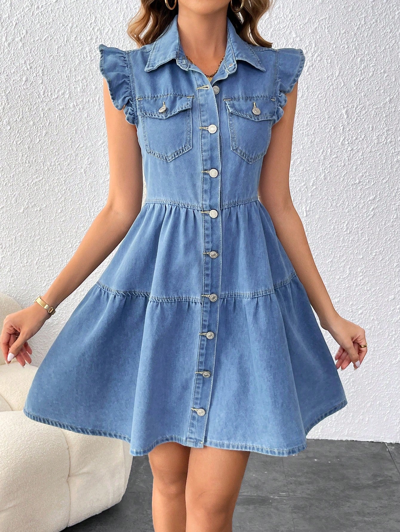 Frenchy Women's Light Denim Flying Sleeve Dress For Spring/Summer, Casual, Stylish And Comfortable Jeans Dress