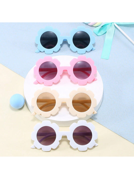 4pcs Boys' Girls' Round Flower Sunglasses, Personality Style, Outdoor Travel Sun Protection Sunglasses With Glasses Box And Glasses Cloth