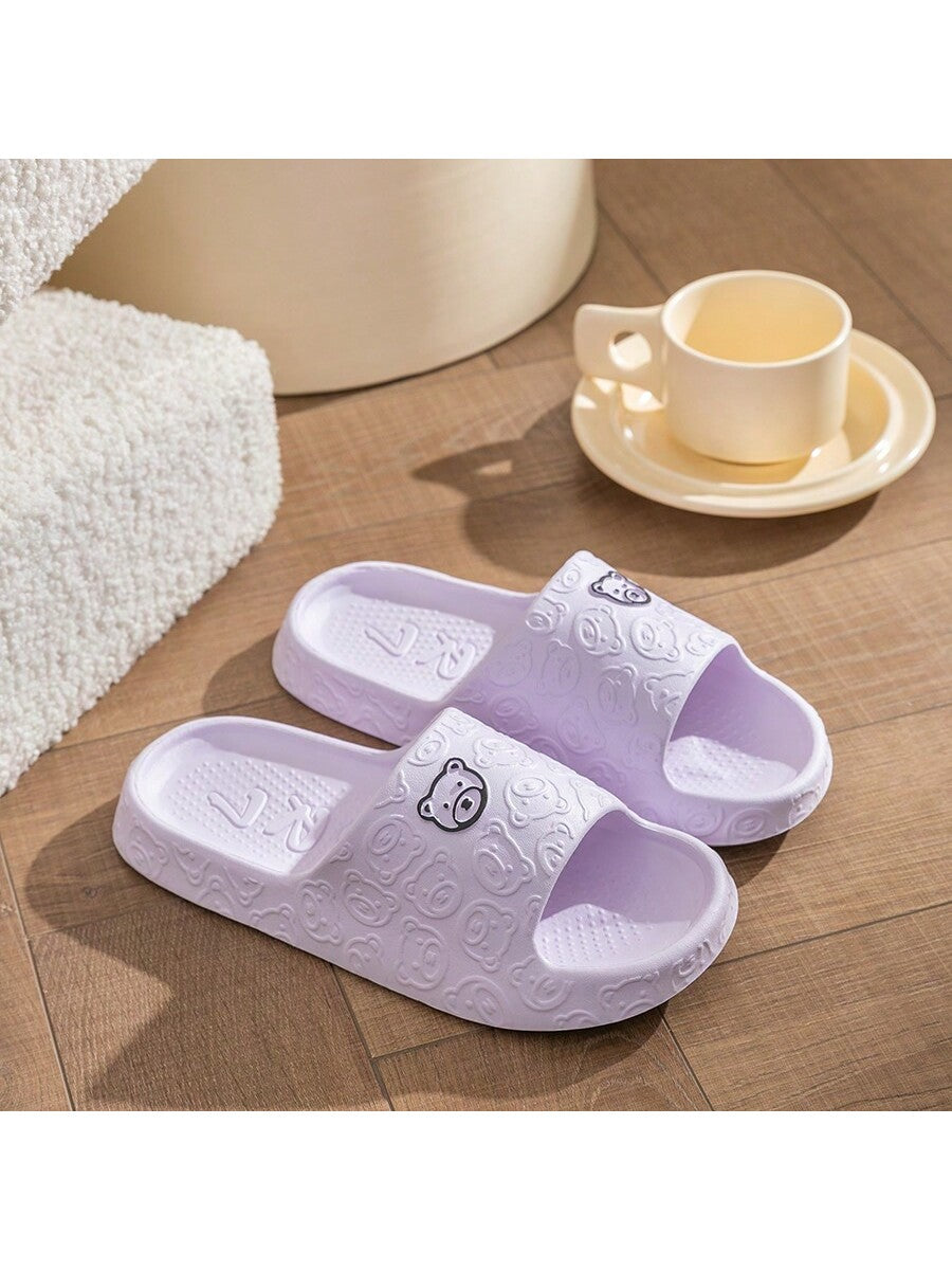 Women's Cute Bear Pattern Slides, Solid Color Slip On Open Toe Home Non-Slip Soft Sole Shoes, Summer Comfy Daily Shoes