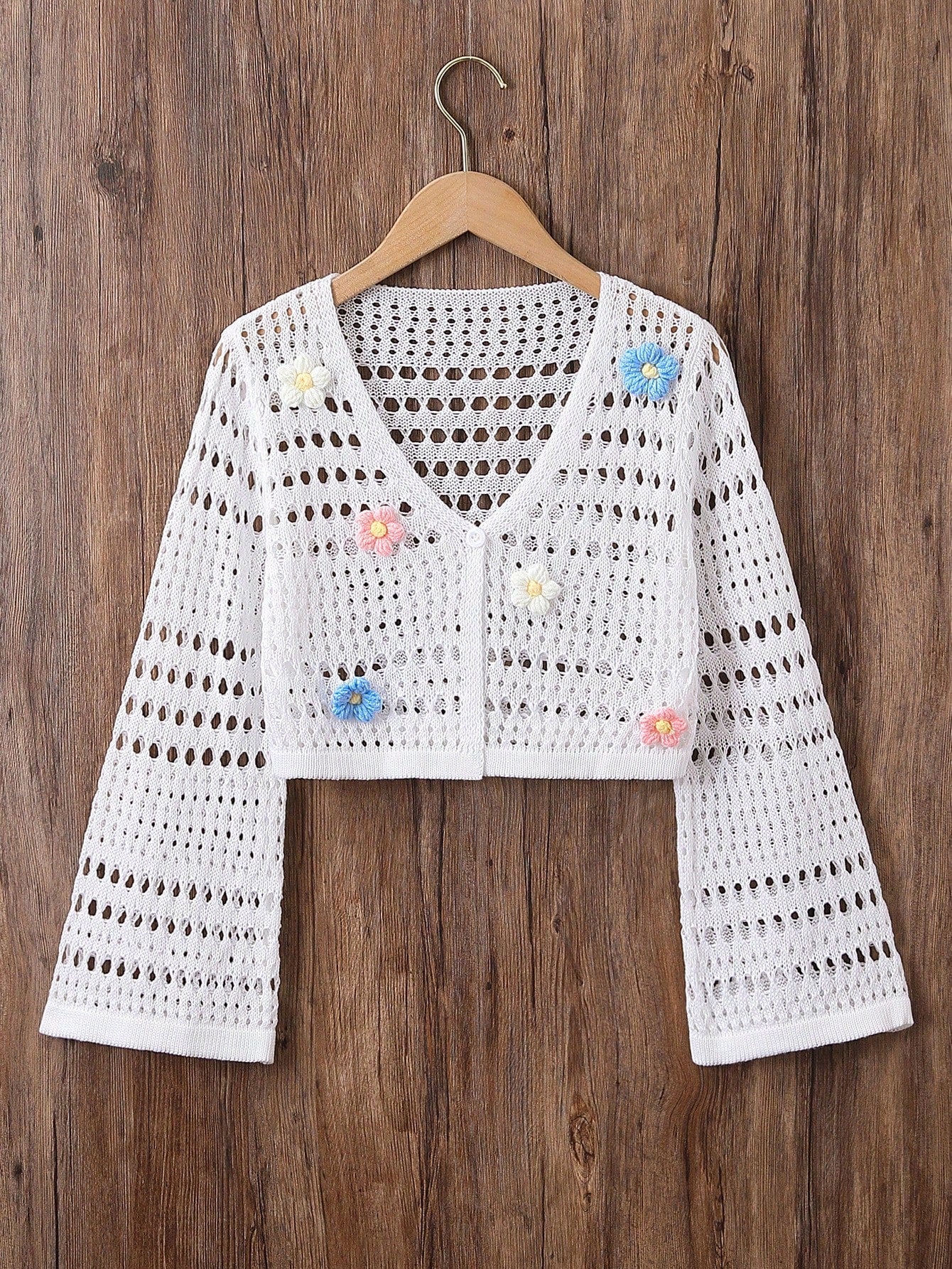 Tween Girl Vacation Casual 3D Floral Decor Hollow Out Knitted Cardigan